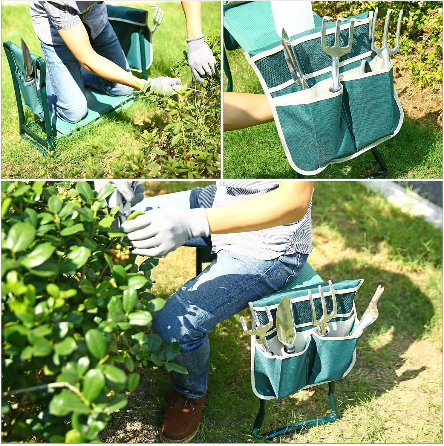 Foldable Green Steel Garden Kneeler and Seat with Tool Pouches