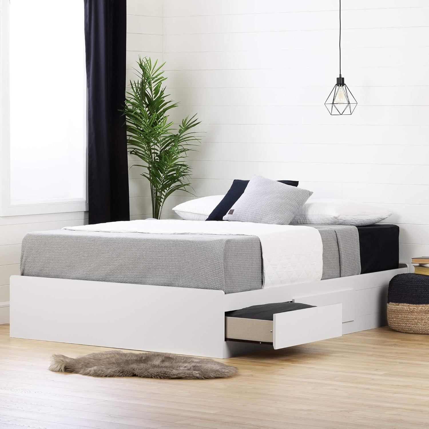 White Queen Platform Bed with Storage Drawers