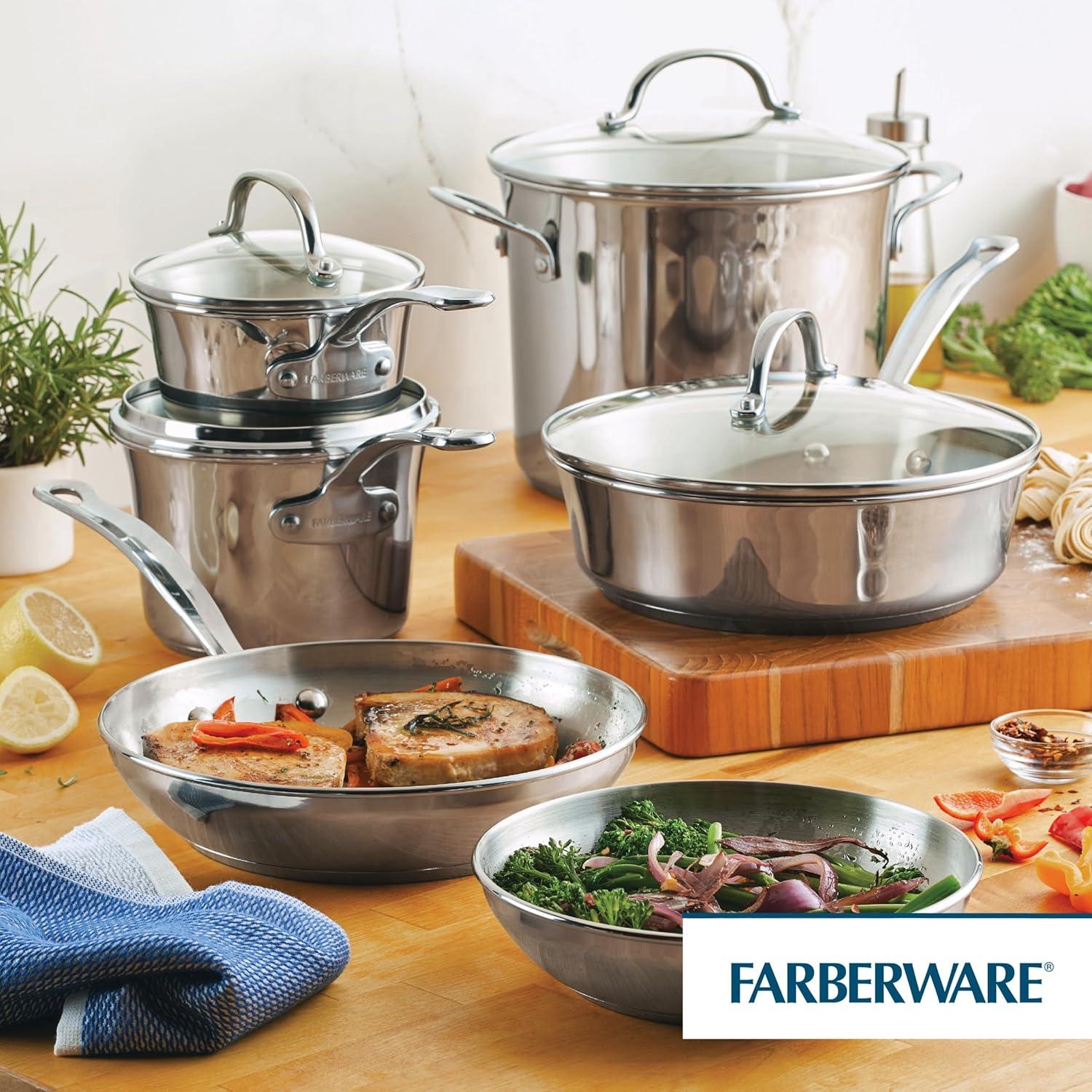 Farberware Millennium Stainless Steel Cookware Pots and Pans Set, 10 Piece, Silver