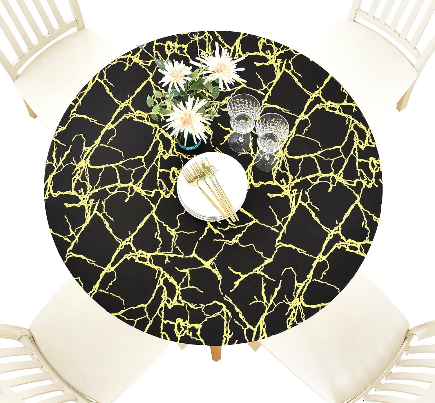 Rally Home Goods Indoor Outdoor Patio Round Fitted Vinyl Tablecloth, Flannel Backing, Elastic Edge, Waterproof Wipeable Plastic Cover, Beige Marble Pattern for 5-Seat Table of 36-42’’ Diameter