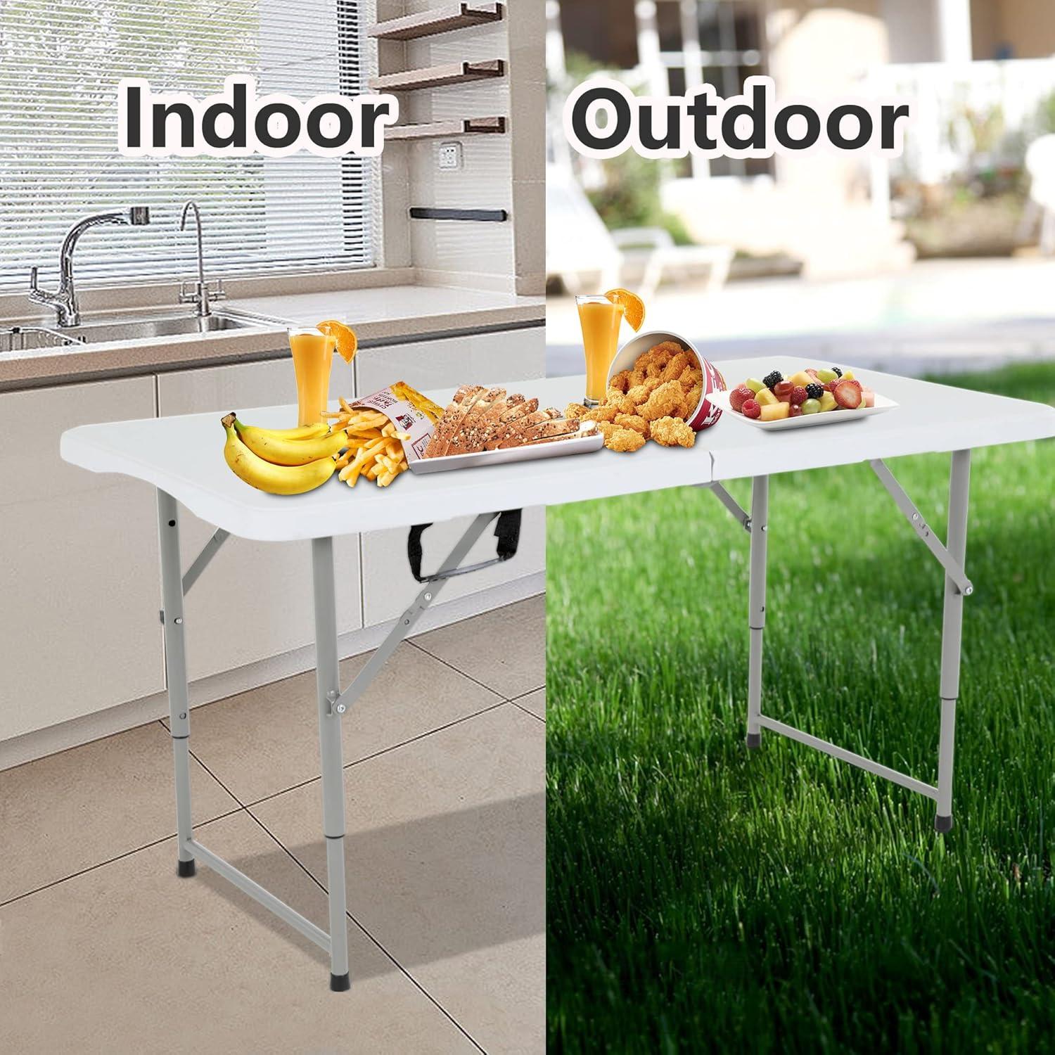 CL.HPAHKL 4 ft Folding Table with 3 Adjustable Height, Small Plastic Foldable Table with Carrying Handle, Portable Camping Table Fold in Half for Indoor Outdoor Camping, Picnic and Party, White