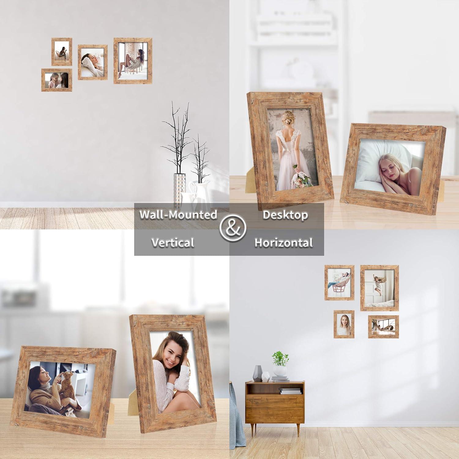 4 Pack 8x10 Picture Frame Set, Rustic Brown 8 by 10 Photo Frames for Desktop Display and Wall Mounting