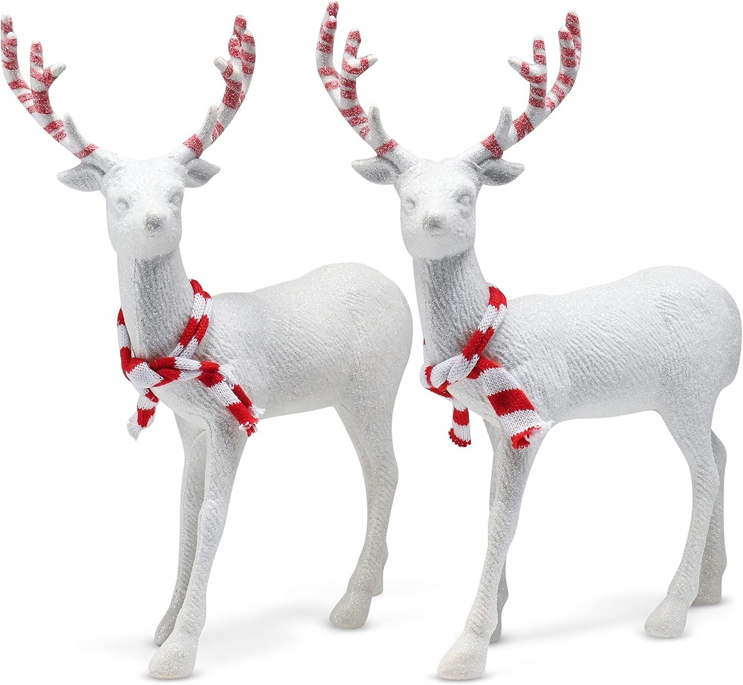 White Glitter Reindeer Figurine with Red Antlers and Scarf, 14"