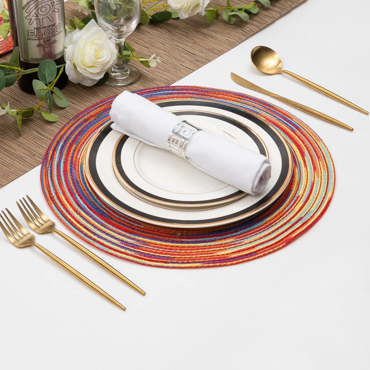 MeyJey Round Placemats 6 Piece, 15" Large Cotton Woven Heat Resistant Placemats Set of 6, Rainbow