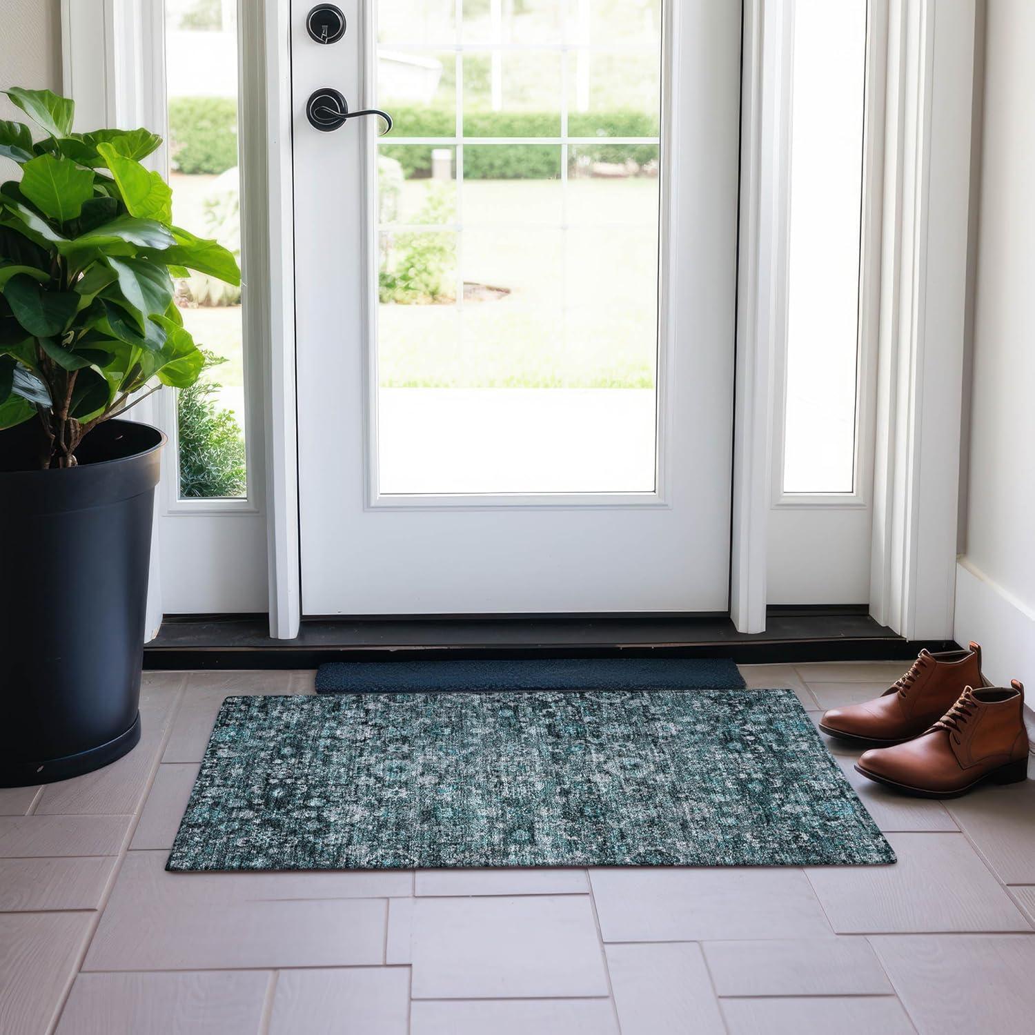 Teal Rectangular Machine-Washable Non-Slip Area Rug