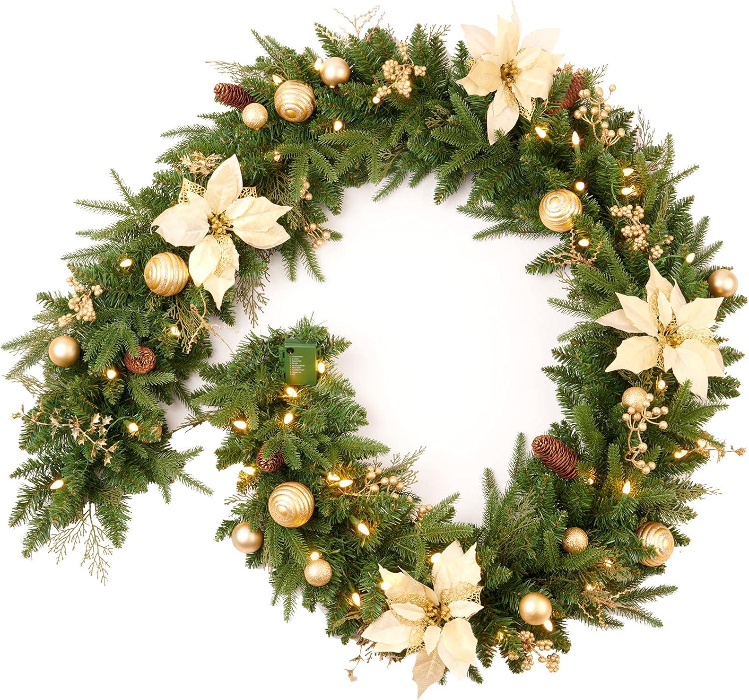 9ft Pre-Lit Christmas Garland with Gold Berries, Pine Cones, and Flowers