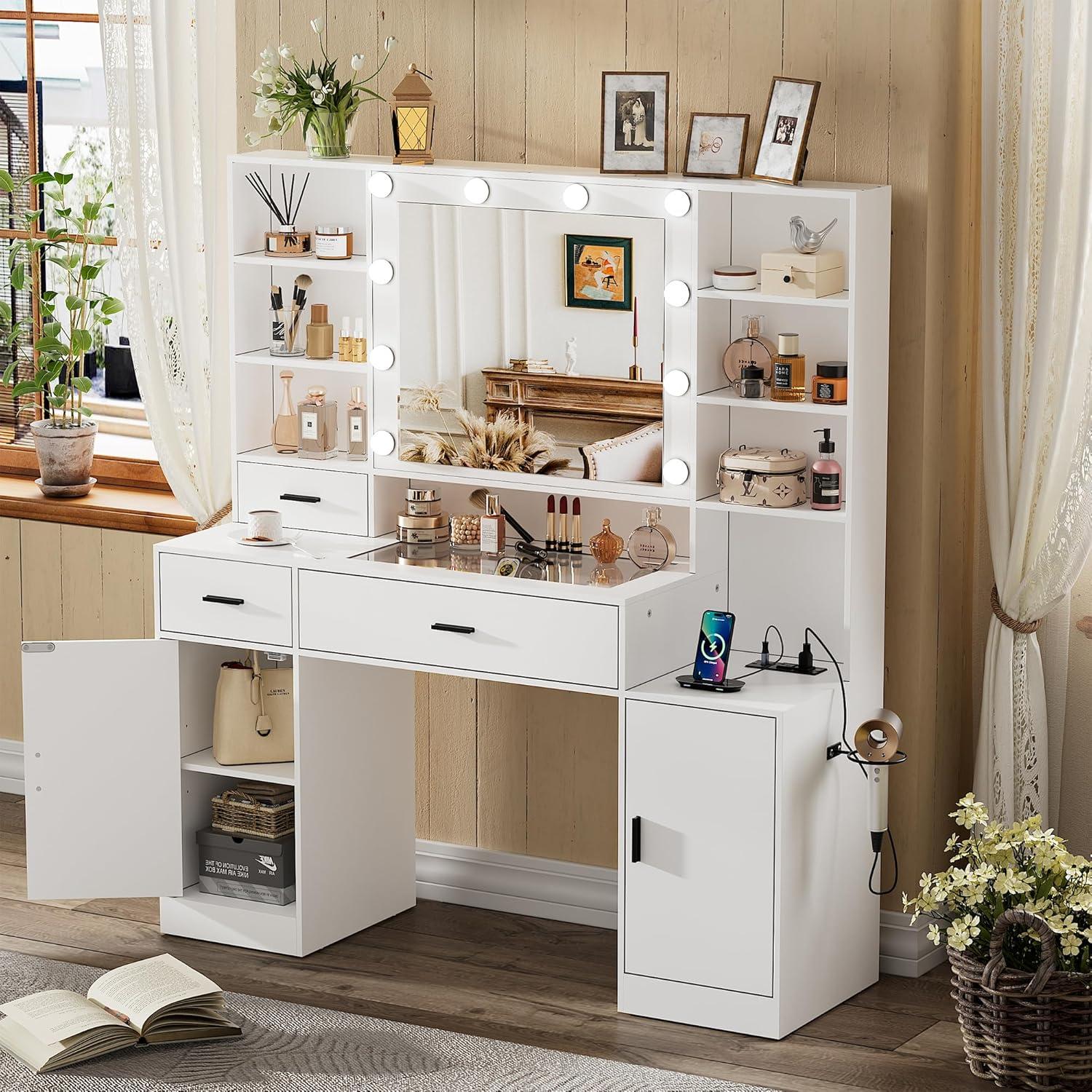 PAKASEPT Vanity Desk with Mirror and Lights, Corner Makeup Table with 3 Color Lighting, White Vanity with Power Strip & Hooks, Hidden and Open Shelves, Adjustable Brightness, 47.2 Inch