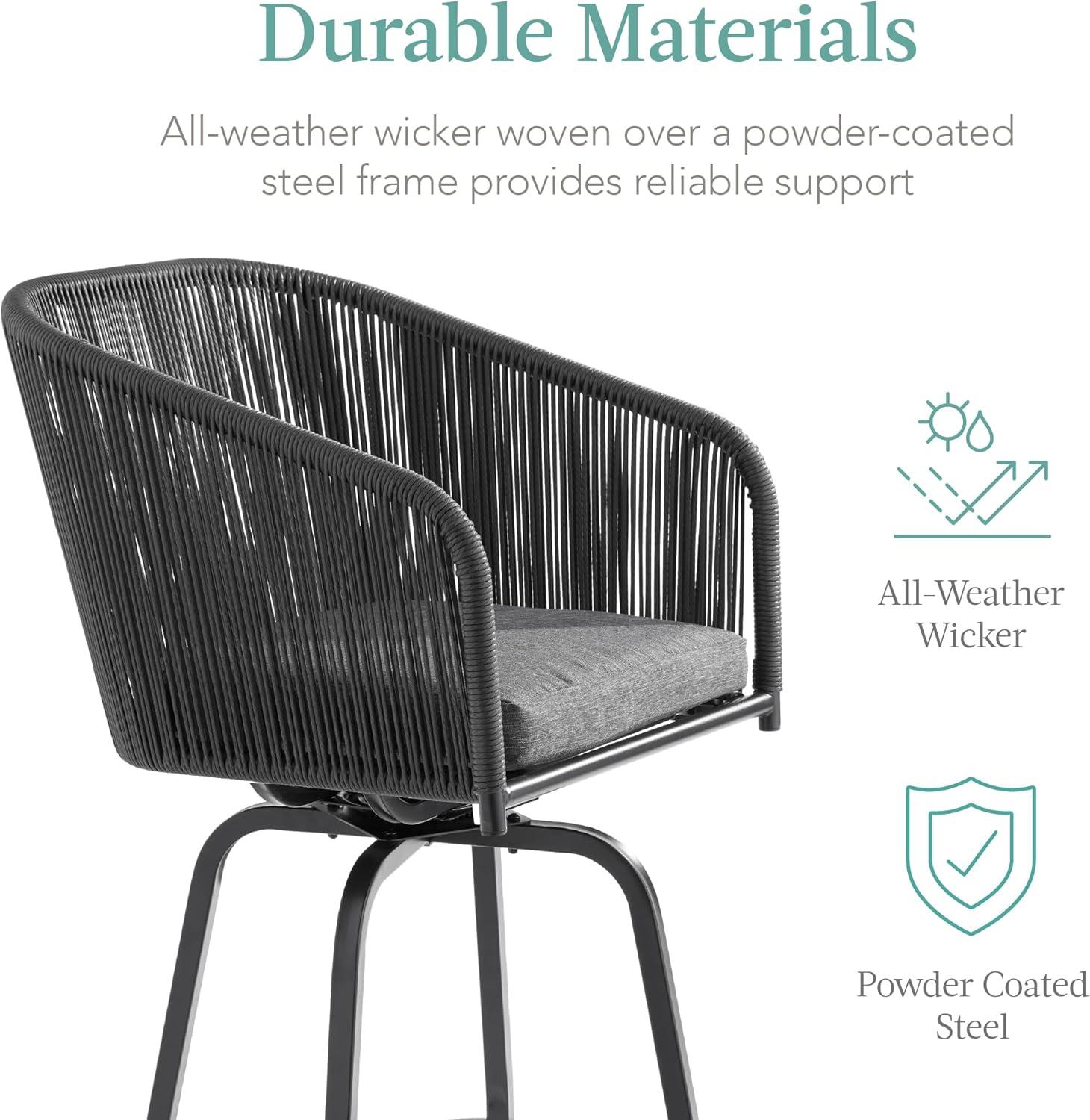 Best Choice Products Set of 2 Woven Wicker Swivel Barstools, Patio Bar Height Chairs w/ 360 Rotation - Black/Gray