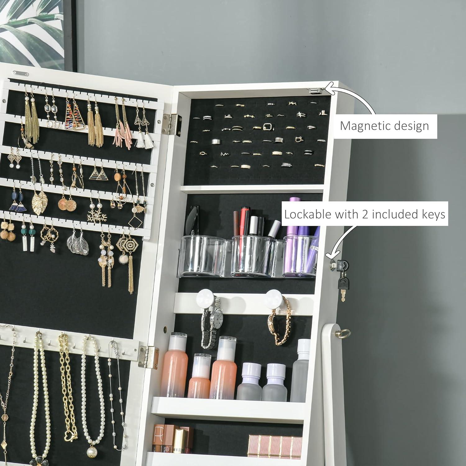White MDF Floor Standing Jewelry Cabinet with LED Light and Mirror