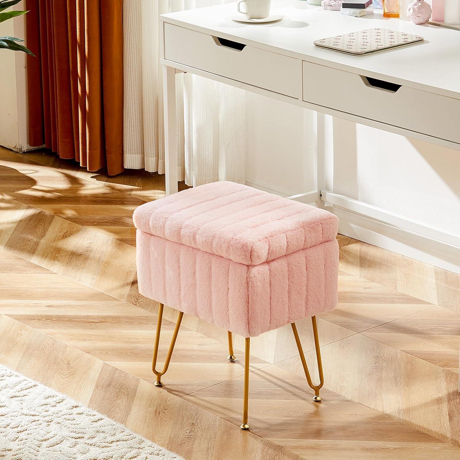 Vanity Stool Chair with Storage, Ottoman Faux Fur Soft Padded Makeup Footstools Seat with 4 Metal Legs