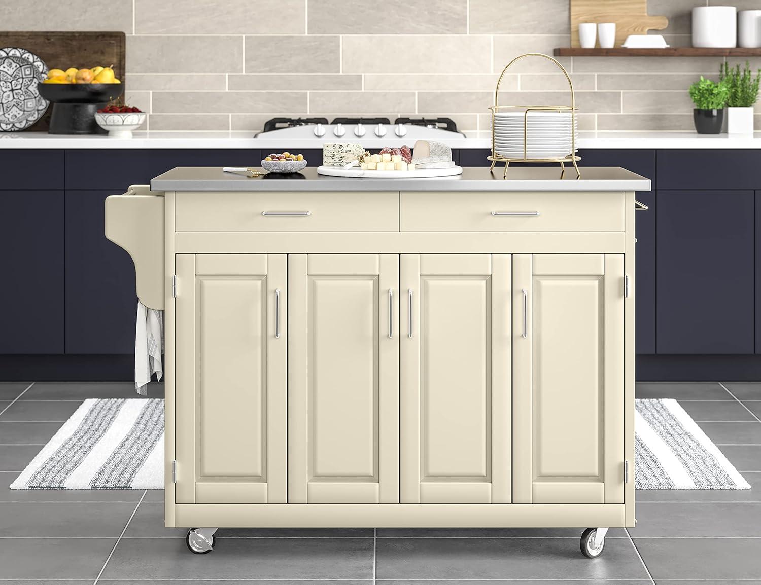 Off-White Stainless Steel Top Kitchen Cart with Storage