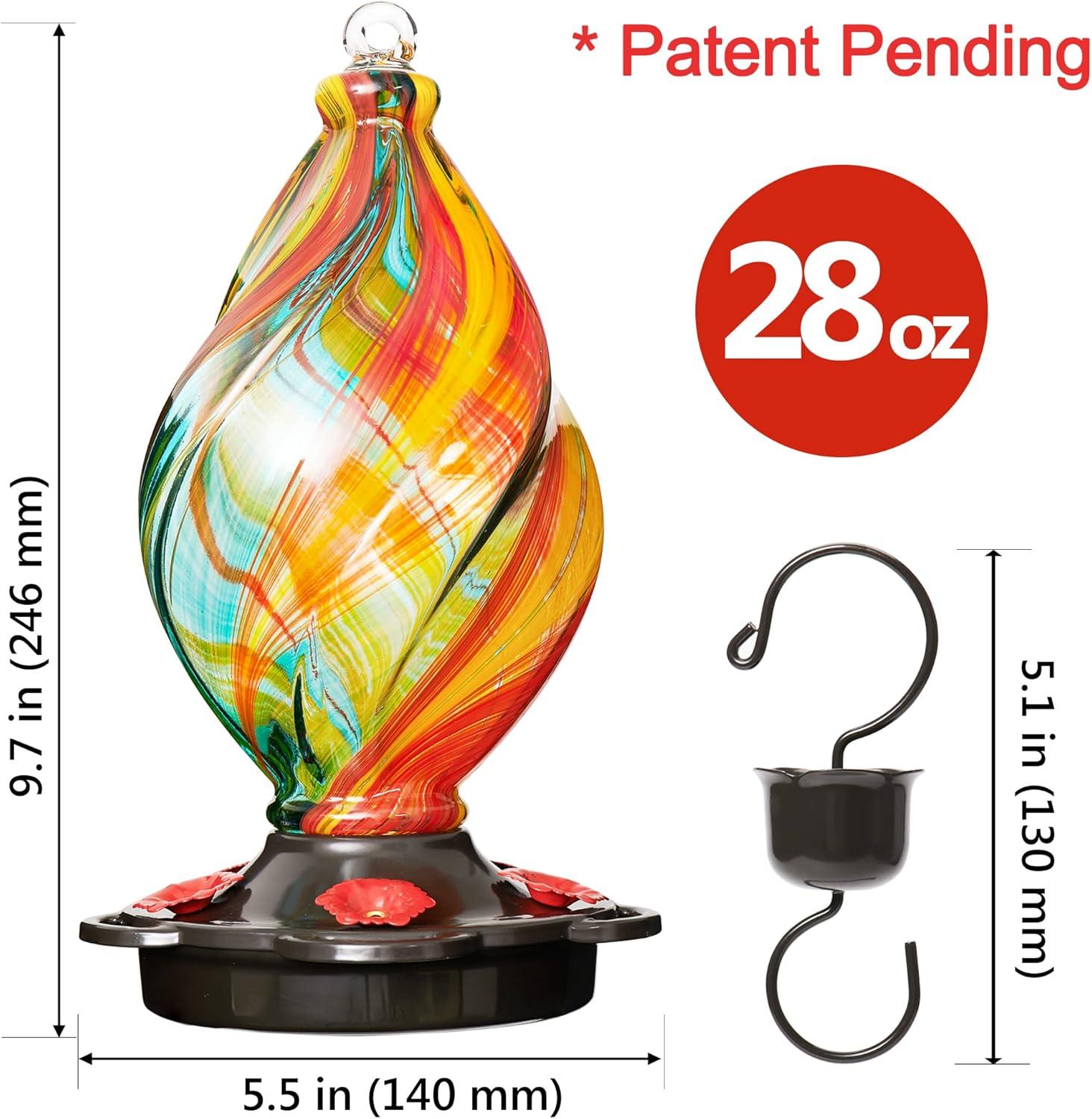 LUJII Spiral Shaped Hand Blown Glass Hummingbird Feeder with Ant Moat for Outdoors Hanging, 28 fl.oz, Leak Proof & Rustproof (Ribbon)