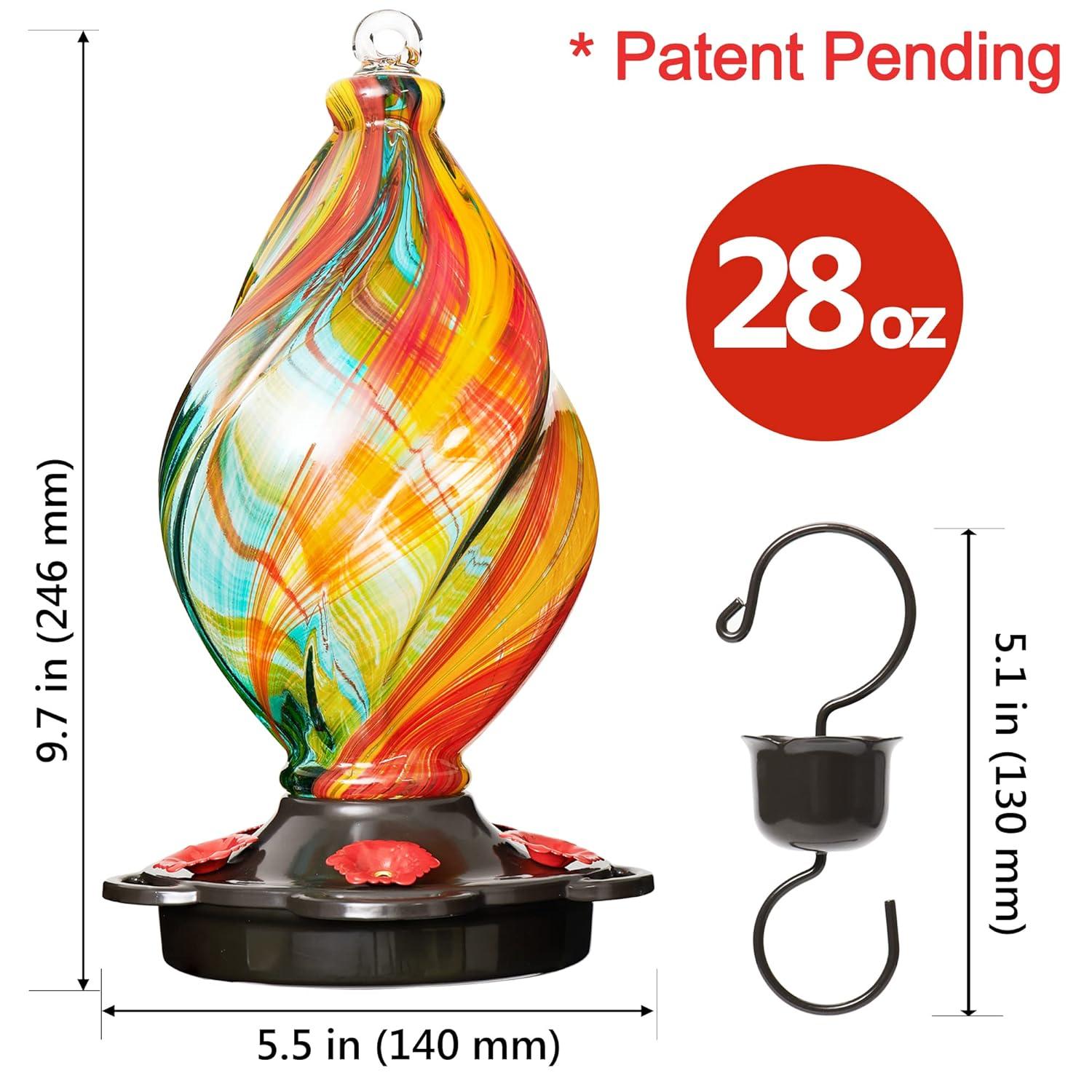 LUJII Spiral Shaped Hand Blown Glass Hummingbird Feeder with Ant Moat for Outdoors Hanging, 28 fl.oz, Leak Proof & Rustproof (Ribbon)