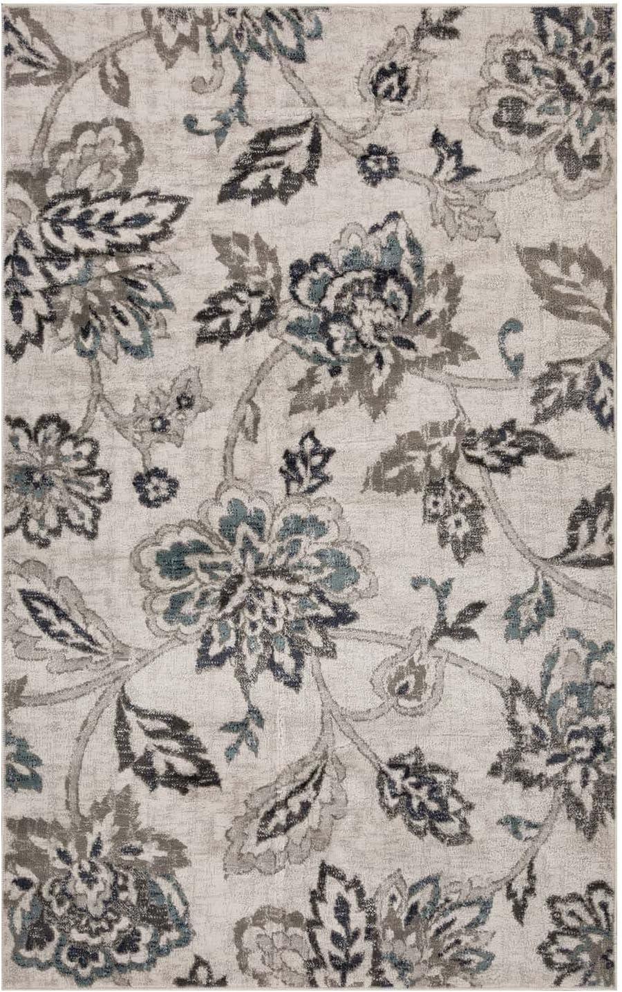 Superior Jacobean Floral Indoor Area Rug, 5' x 8', Stone