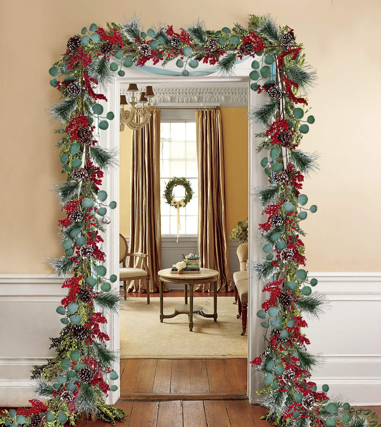 Christmas Garland Red Berry, Artificial Pine Needle Holiday Greenery (Evergreen) Unlit Fireplace Mantle Décor & Home Xmas Decoration Indoor/Outdoor Decorations 6 Feet Long (6ft) Clearance