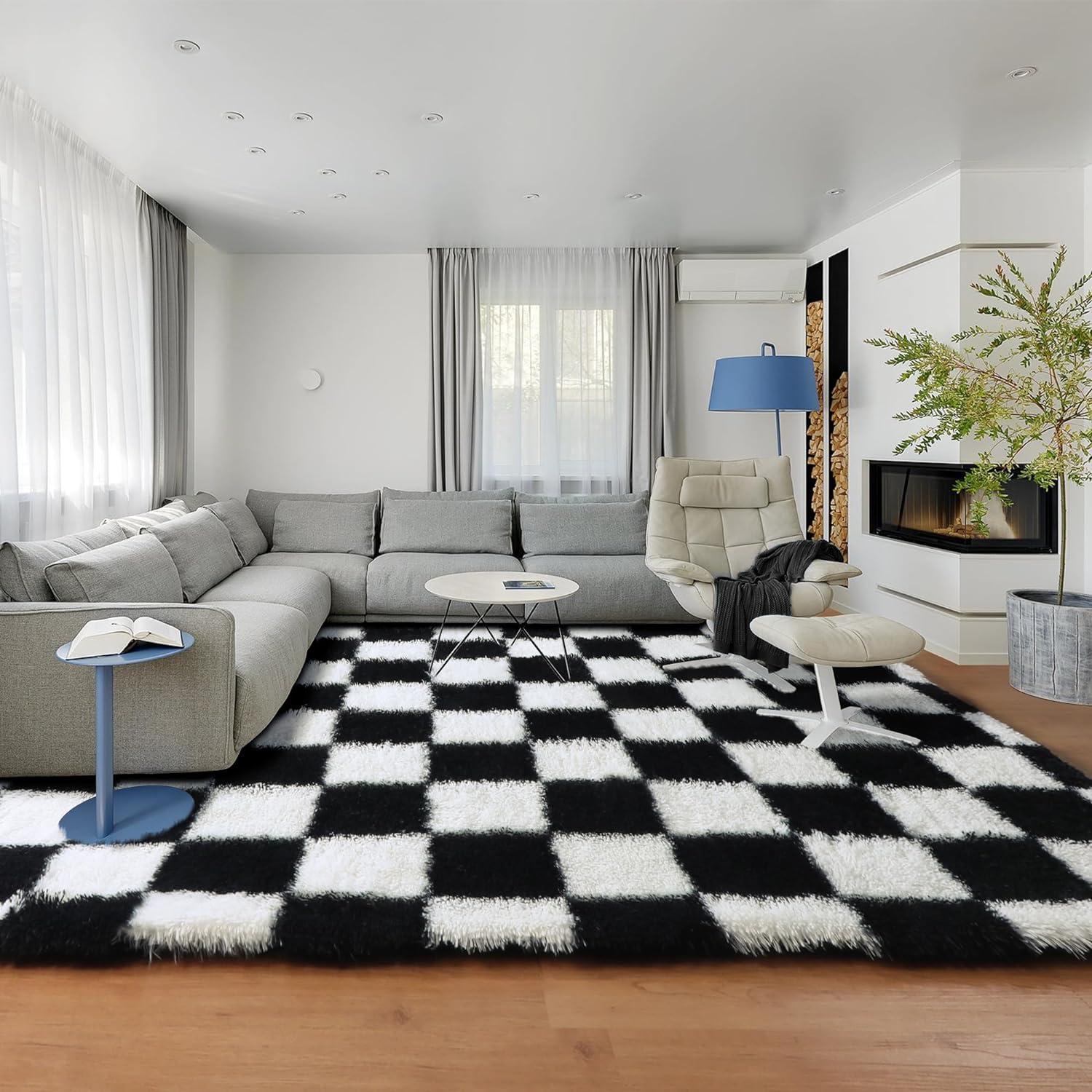 Luxe Weavers Checkered Black and White Geometric 8x10 Area Rug