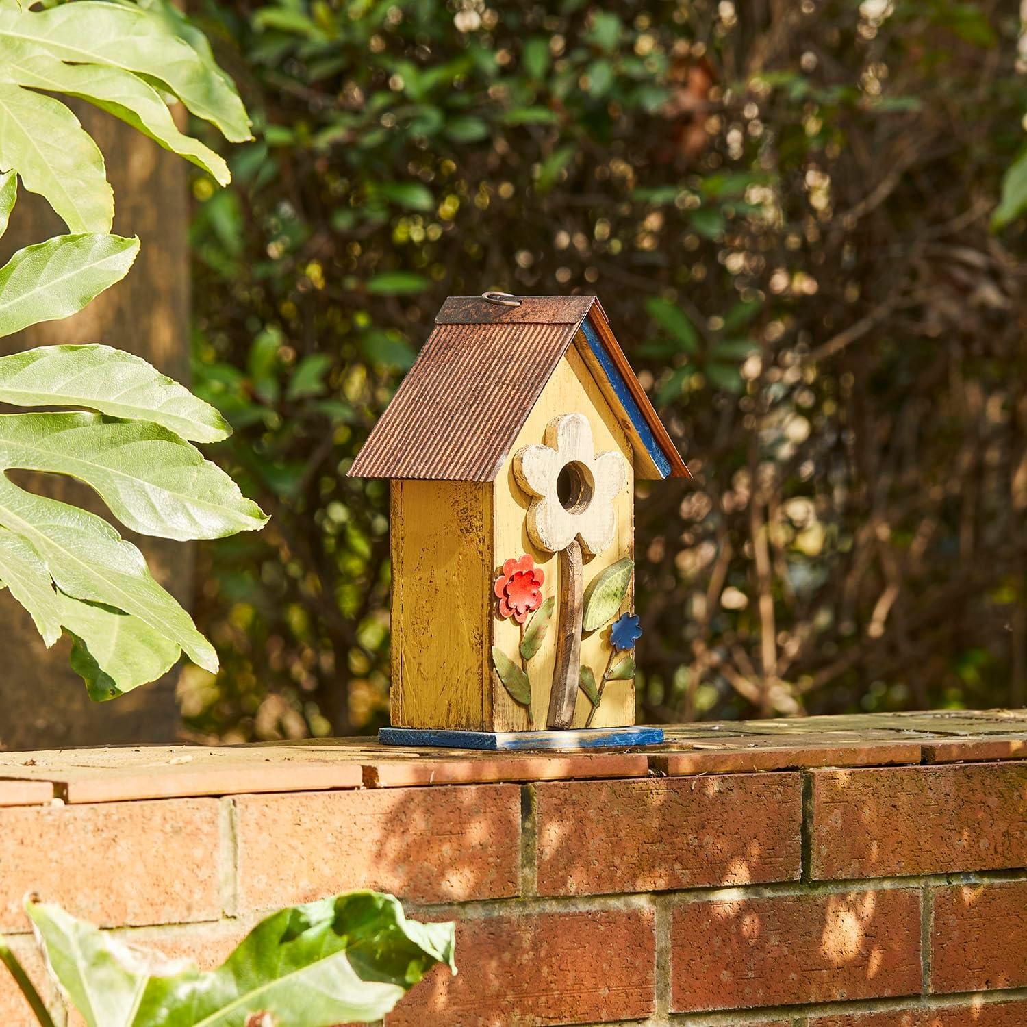 Glitzhome  10"H Multicolor Cute Distressed Solid Wood Birdhouse with 3D Flowers Flower-Orange 10.25"H