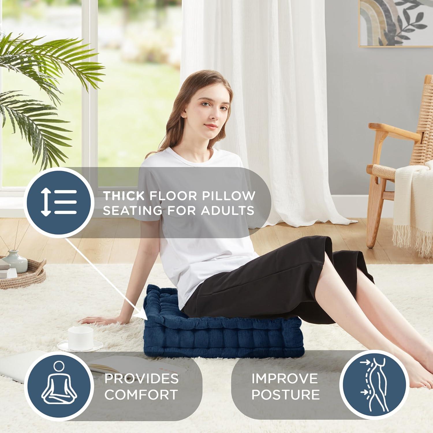Codi INNA Floor Cushions for Adults, Cute Pillows Seating for Meditation, Square Tufted Chenille Cushion, Living Room, Fireplace, Reading Nook, Navy