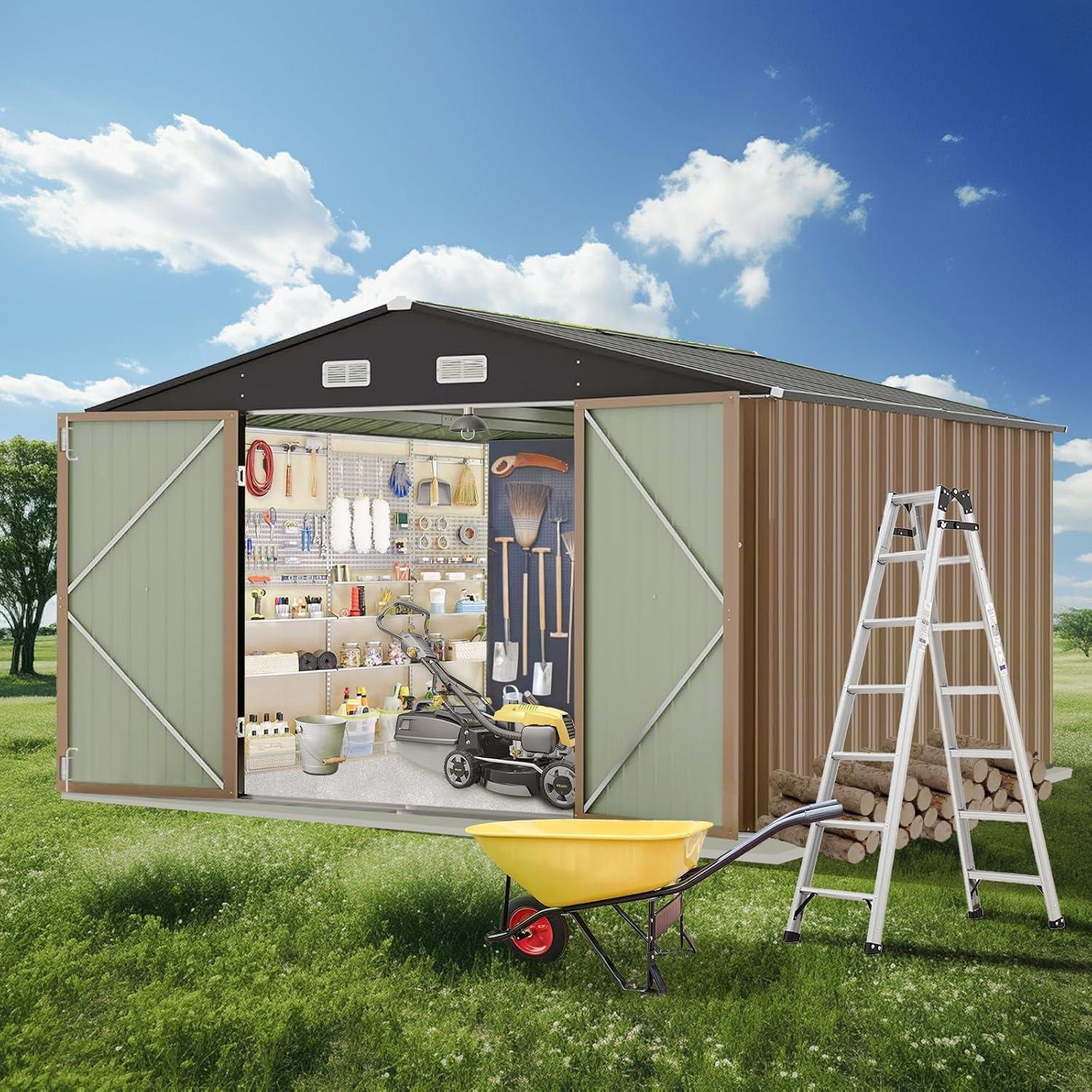 12x10 FT Outdoor Metal Storage Shed Garden Tool House With Lockable Doors and Vent Brown