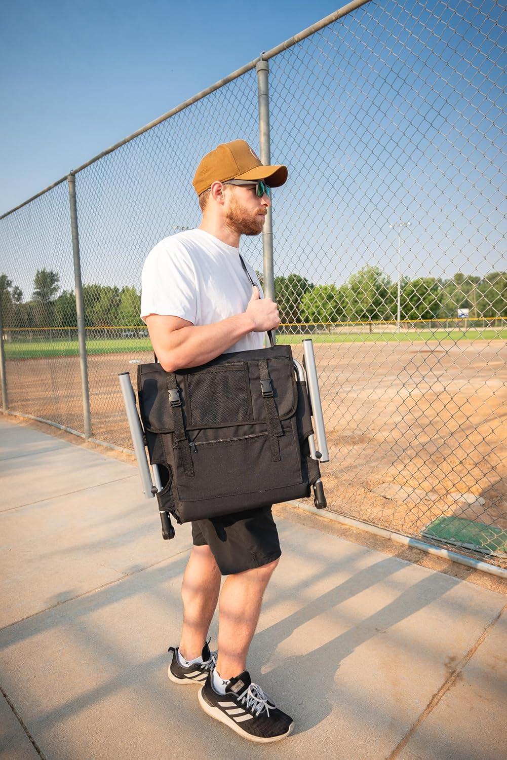 Black and Gray Folding Stadium Seat with Arms and Storage