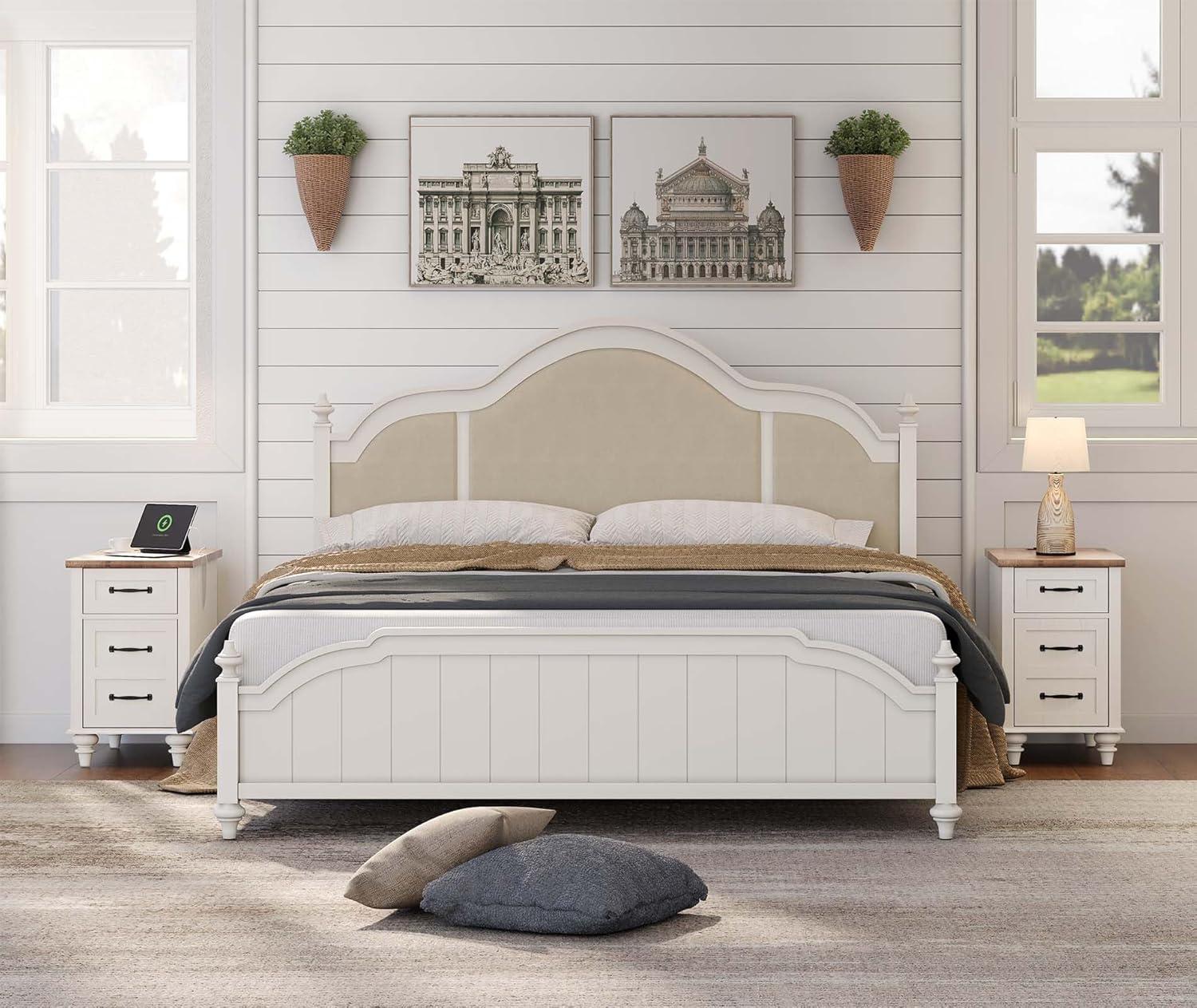 WAMPAT 2 Pack End Tables with Charging Station, Farmhouse Side Table with Drawer & Storage Cabinet, White Nightstand with Power Outlets & USB Ports for Living Room, Bedroom