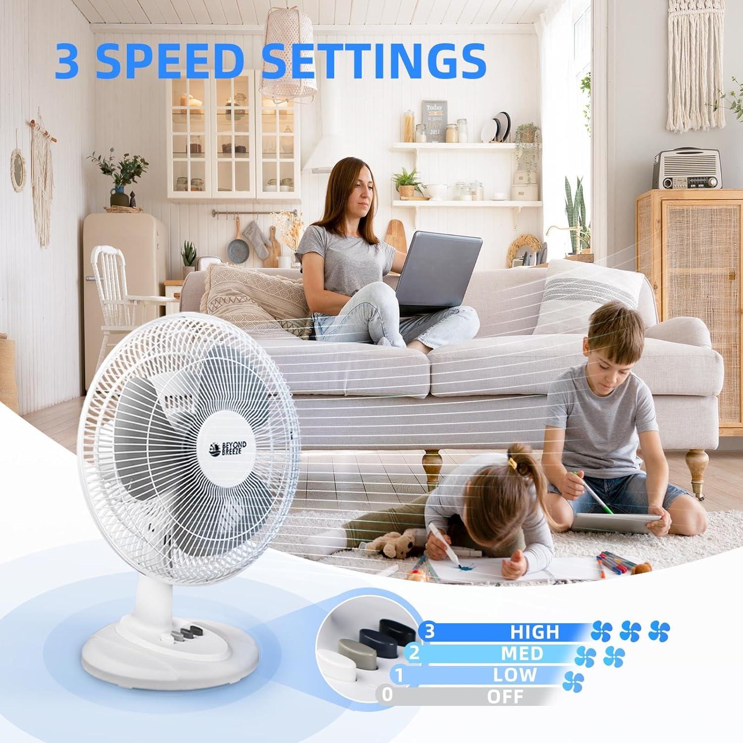 BEYOND BREEZE Oscillating Table Fan 12-Inch, Quiet 3-Speed Portable Small Desk Fan with Adjustable Tilt and Safety Grille, Ideal for Bedroom, Office, Home