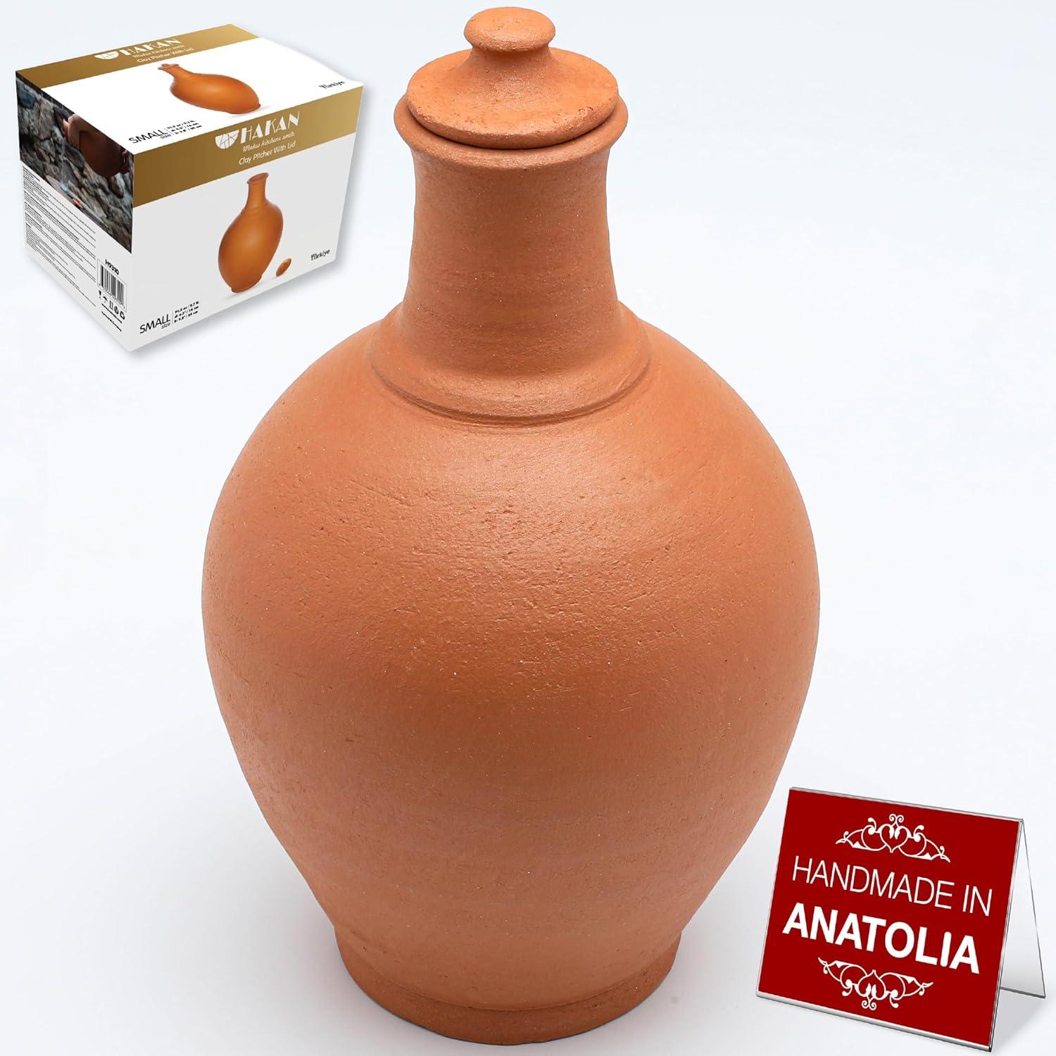 Hakan Handmade Traditional Unglazed Clay Pitcher with Lid, Natural Home Decor Vintage Terracotta Drinking Bottle, Earthenware Beverage Jar from Cappadocia, Pottery Mud Water Jug, Small