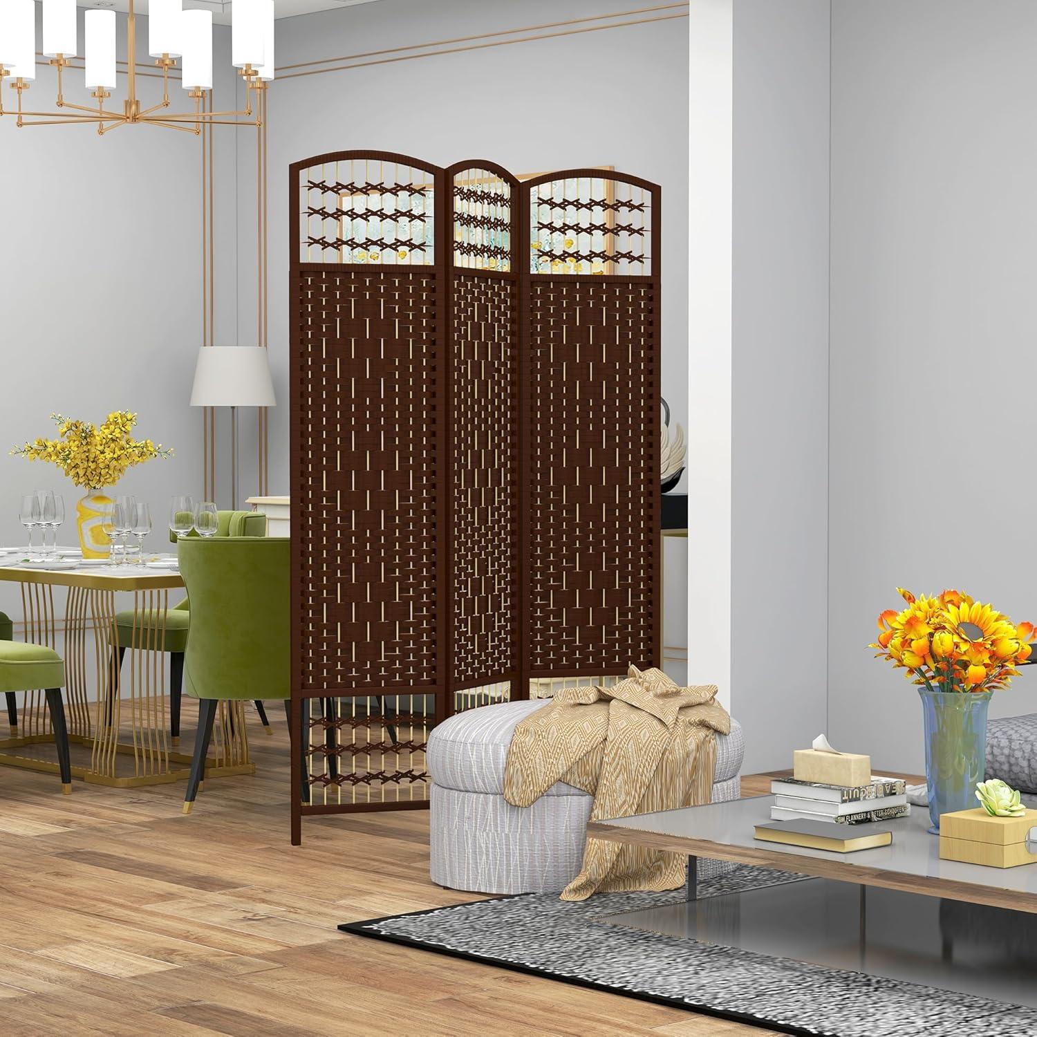 HOMCOM 3 Panel Room Divider, Folding Privacy Screen, 5.6' Room Separator, Wave Fiber Freestanding Partition Wall Divider, Brown