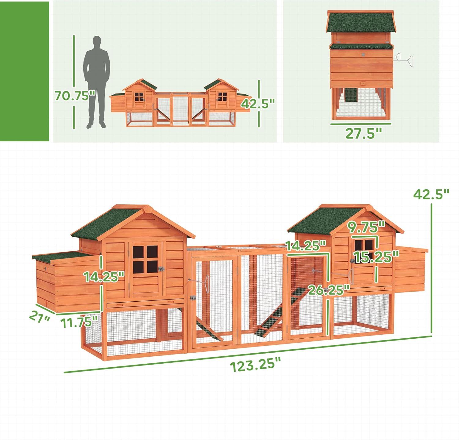 PawHut 124" Dual Chicken Coop, Wooden Large Chicken House, or Rabbit Hutch, Hen Poultry Cage Backyard with Outdoor Ramps and Nesting Boxes, Natural