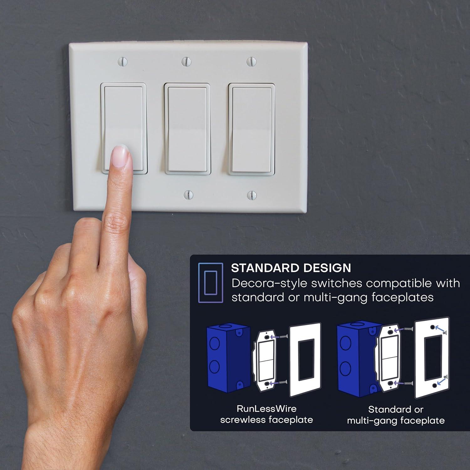 RunLessWire 3-Way On/Off Wireless Battery-Free Remote Light Switch Kit 150ft Range - Light Almond