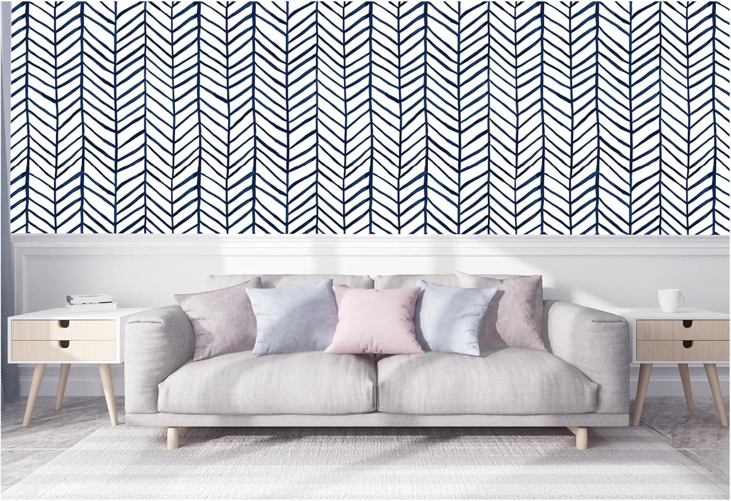 HAOKHOME Blue Wallpaper Navy Peel and Stick Wall Paper Modern Stripe for Bathroom Herringbone Removable Decoration 17.7in x 32.8ft