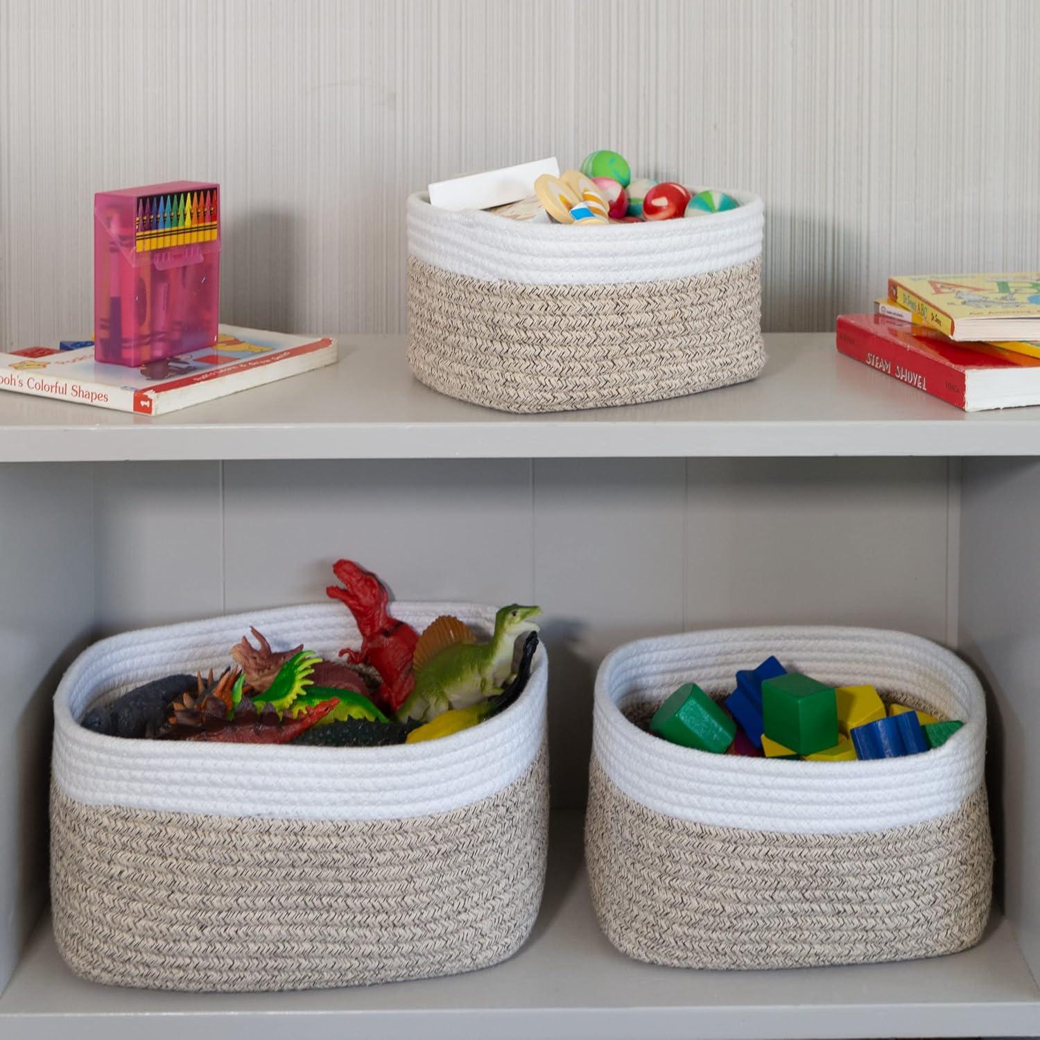 Natural and White Cotton Rope 3-Piece Storage Basket Set