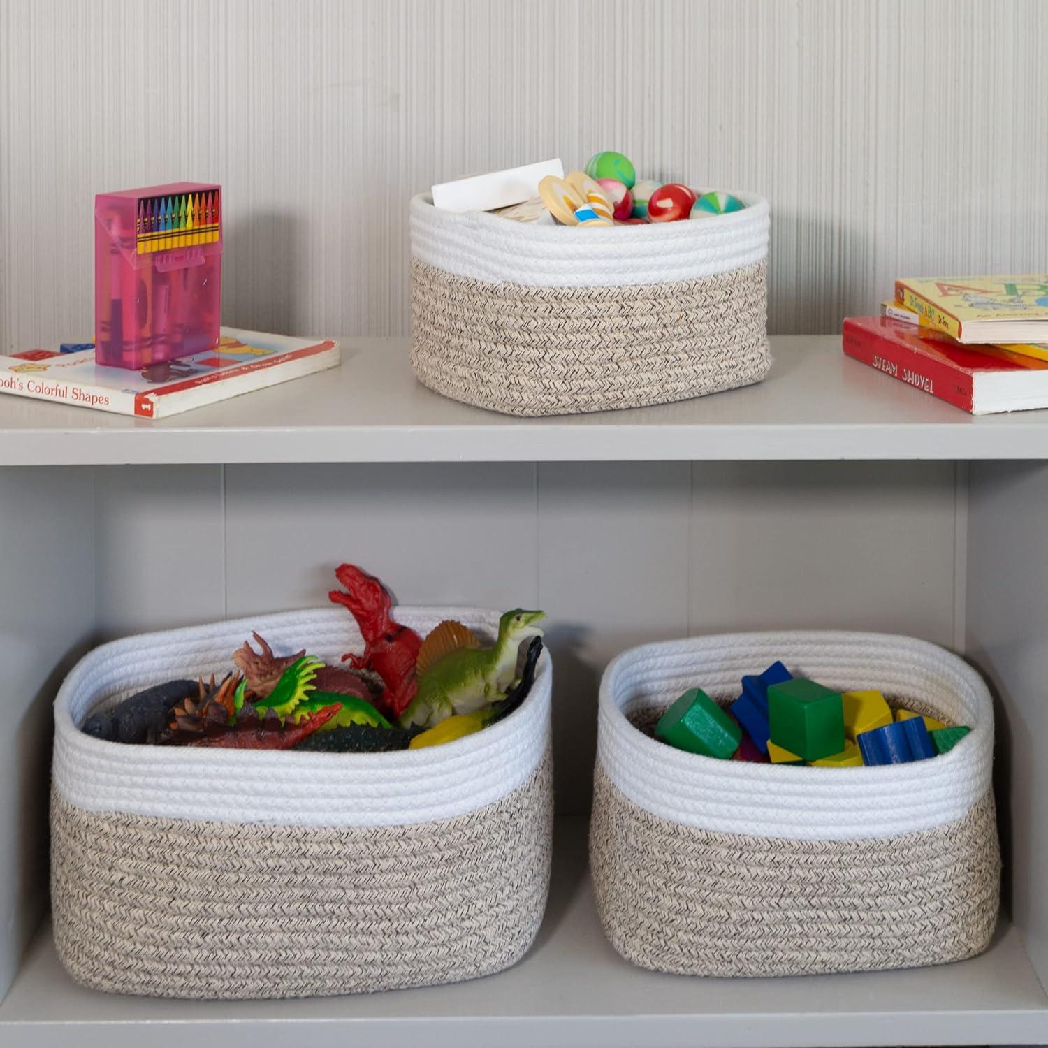 Home-Complete 3pc Storage Basket Set Natural: Cotton Square Decorative Bins for Shelves, Hand Wash, 12"x8.5"x5.5"