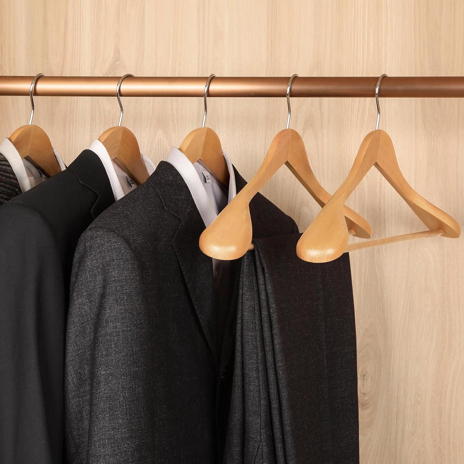 TOPIA HANGER Wide Shoulder Wooden Hangers, Suit Hangers with Non Slip Pants Bar & 360° Swivel Hook, Solid Wood Heavy Duty Coat Hanger, 6 Pack (Natural)-CT02NA