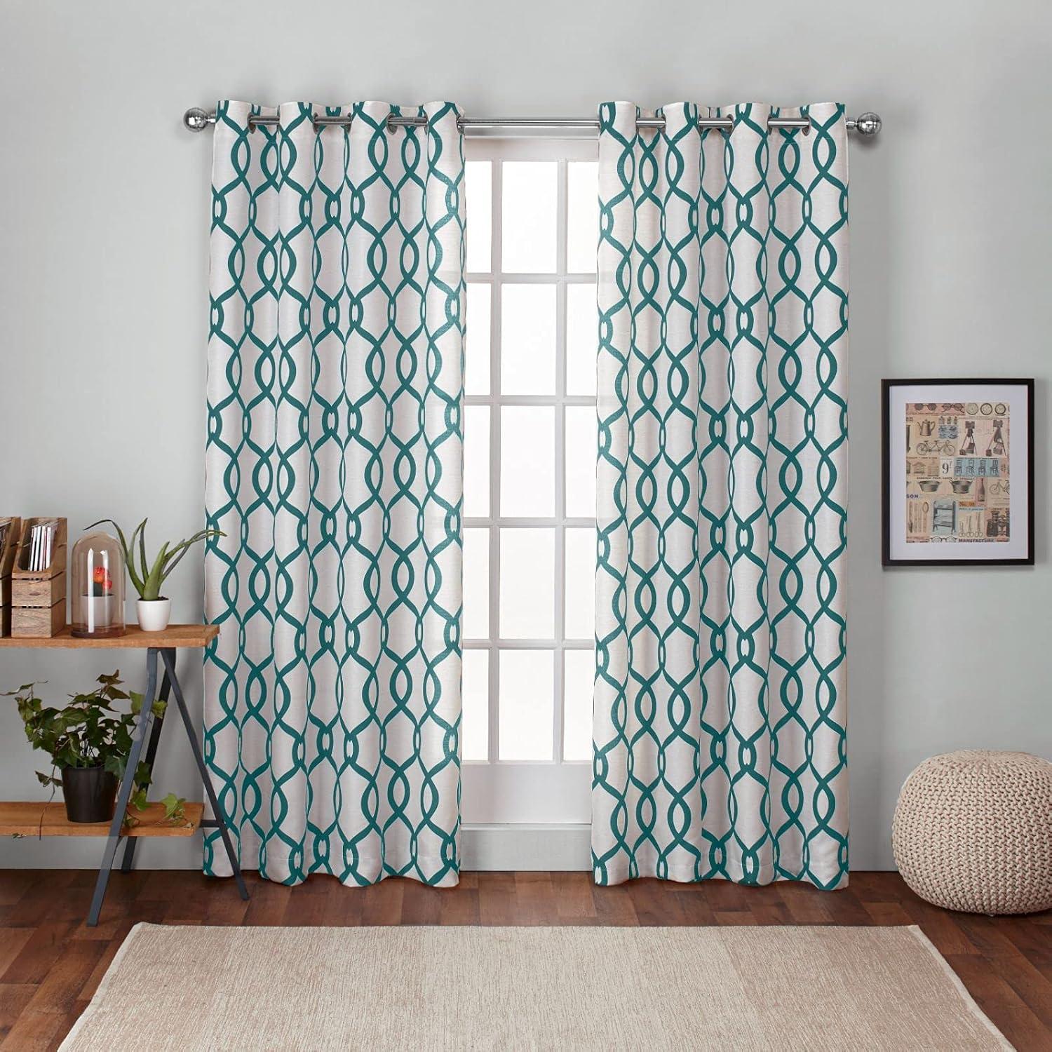 Teal Geometric Light-Filtering Linen Blend Grommet Curtains, 54x84