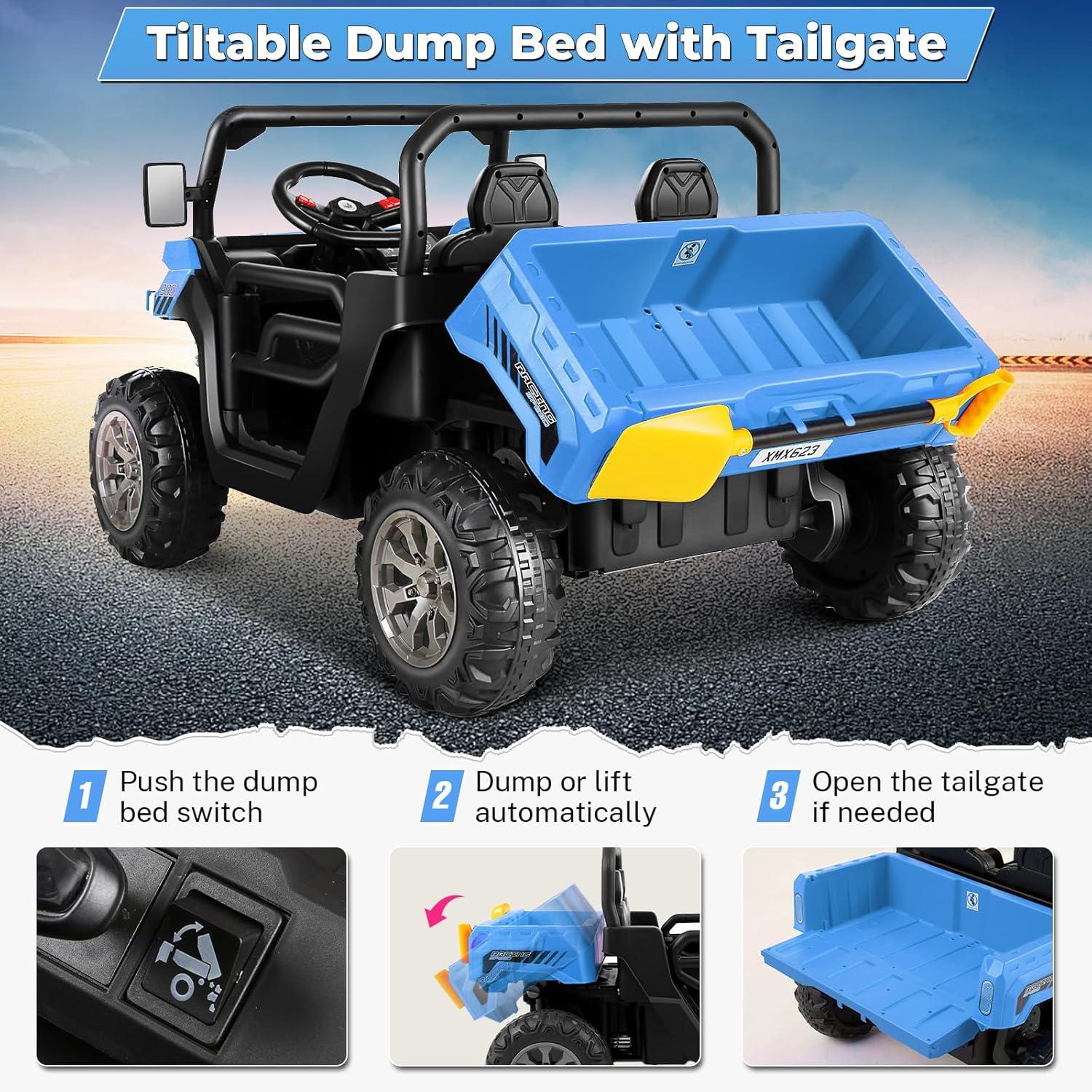 VIBESPARK 24 Volt Ride on Toys with Dump Bed, 2-Seater Ride on Dump Truck, 2×200W Electric Car for Kids Ride on UTV w/ Remote Control, Shovel, Bluetooth, Music, LED Light, 5MPH, Blue