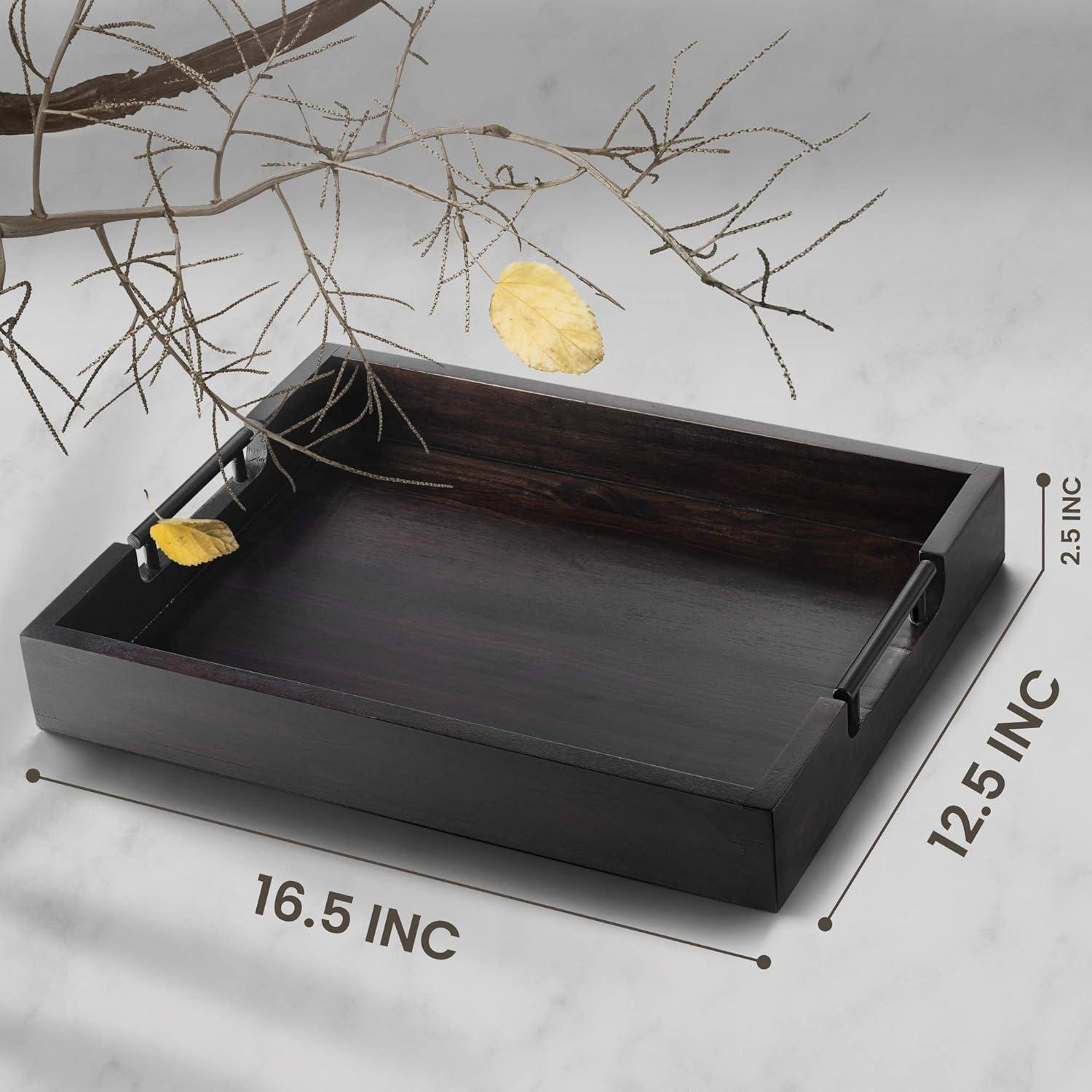 Ottoman Tray, 16.5"x12.5"x2.5" Acacia Wood Serving Tray with Black Metal Handles, Great for Ottoman Tray, Food Tray, Breakfast Tray, Eating Tray