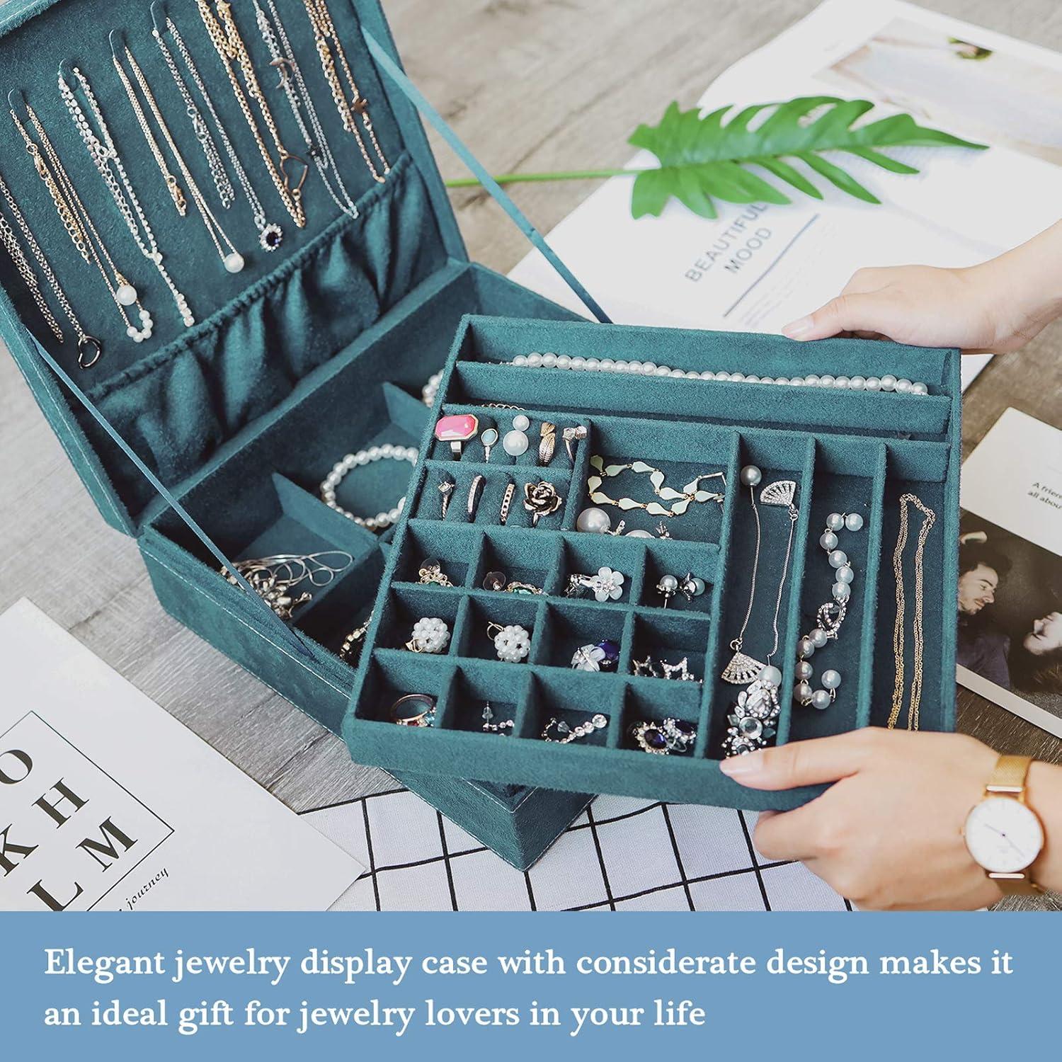 ProCase Jewelry Box Organizer for Women Girls, Two Layer Jewelry Display Storage Holder Case for Necklace Earrings Bracelets Rings Watches -Green
