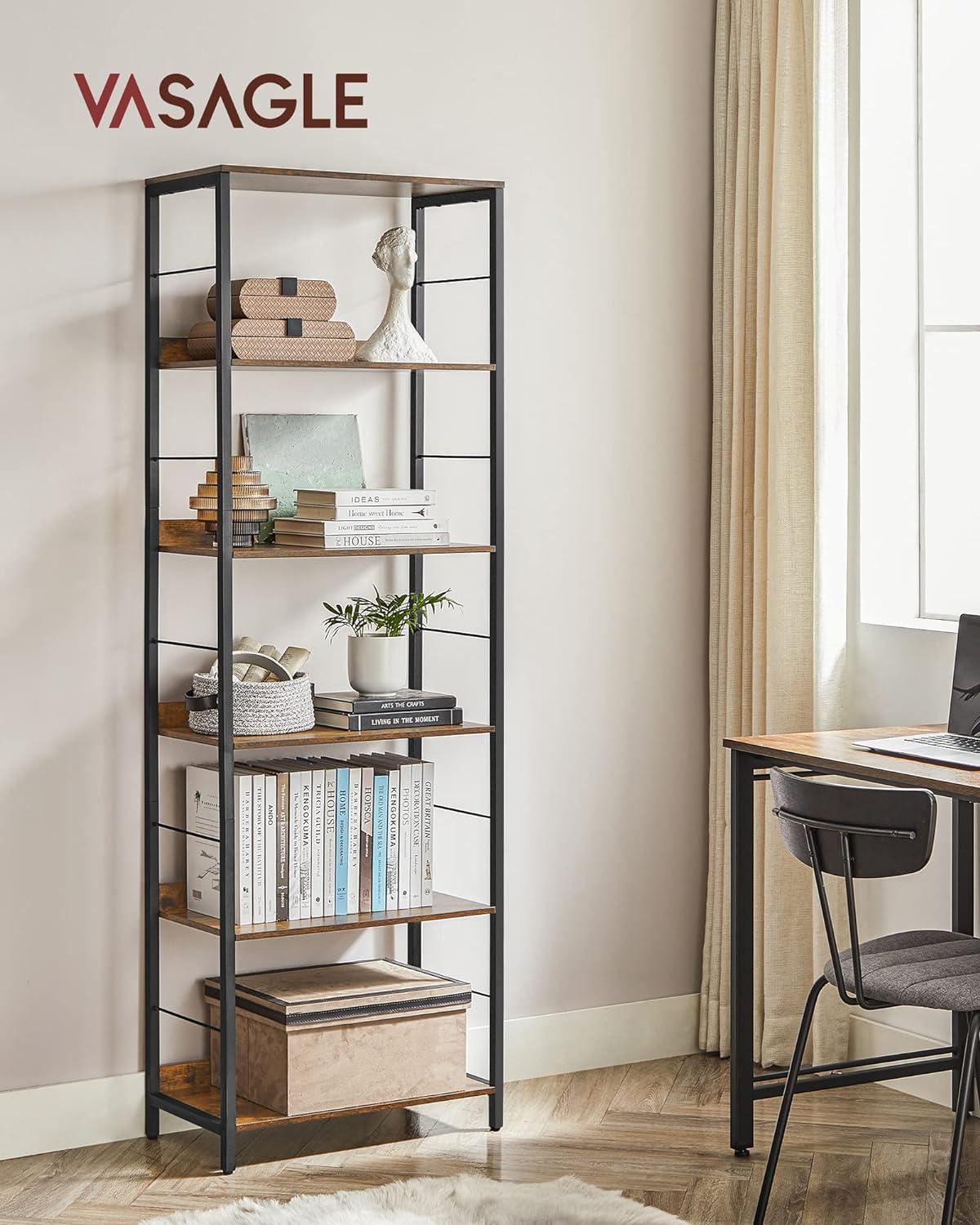 Rustic Brown and Black 6-Tier Industrial Bookshelf