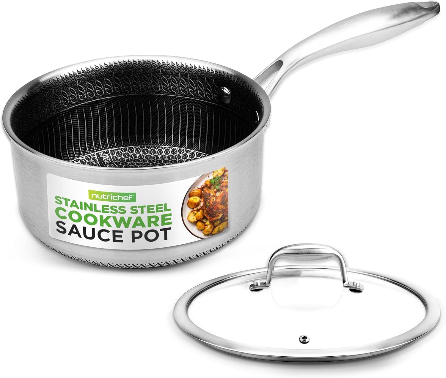 NutriChef 2 QT Stainless Steel Non-Stick Sauce Pot with Glass Lid