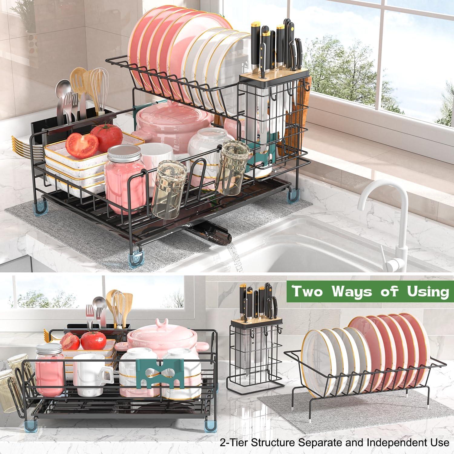 Large Capacity 2-Tier Stainless Steel Dish Drying Rack With Rustproof Finish