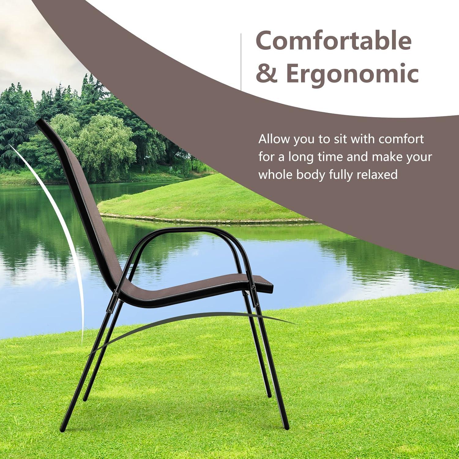 Tangkula 4PCS Patio Stacking Dining Chairs w/ Curved Armrests & Breathable Seat Fabric Brown