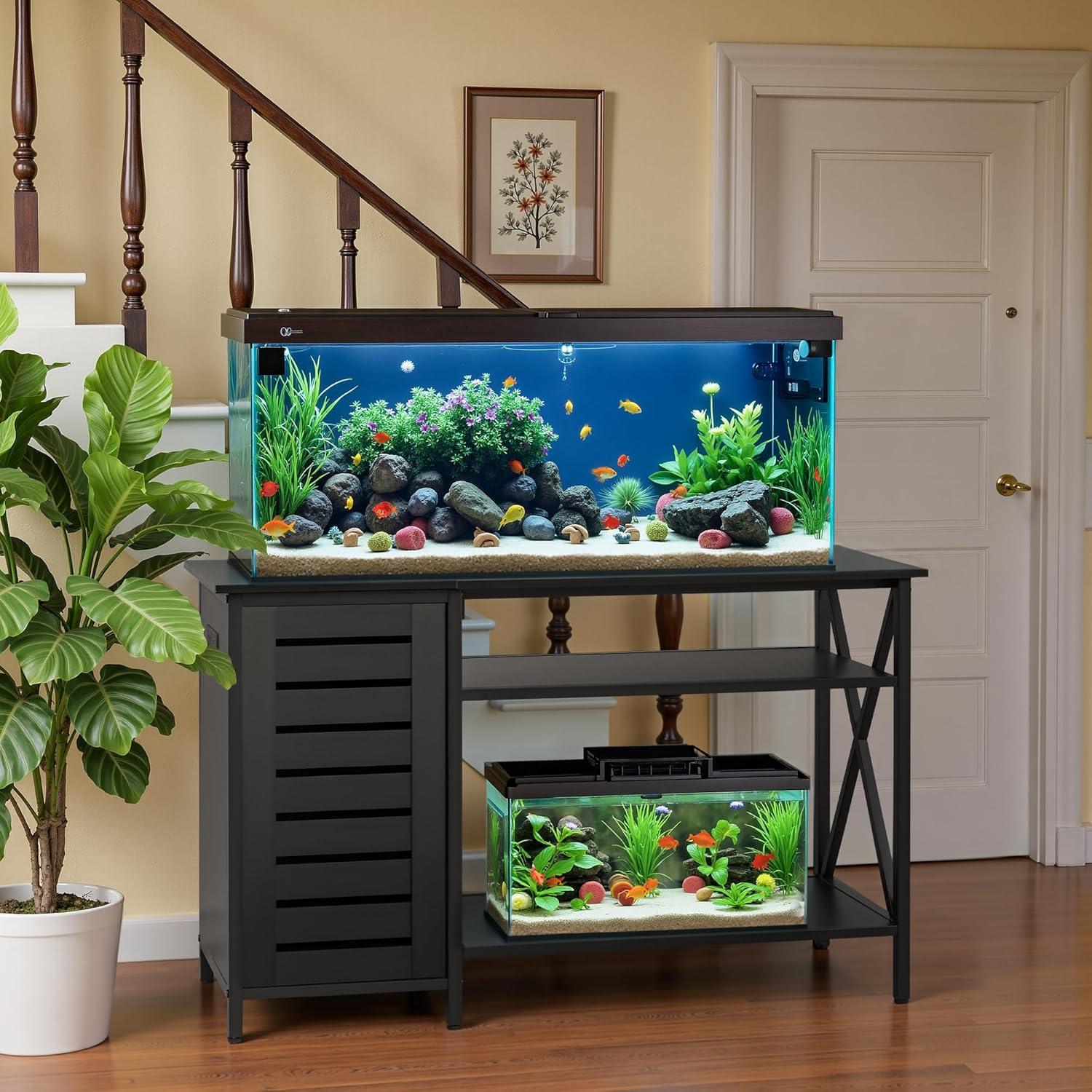 Bestier 55 Gallon Fish Tank Stand Metal Aquarium Stand with Storage Cabinet & Power Outlets LED Light, 750lbs Capacity, Black