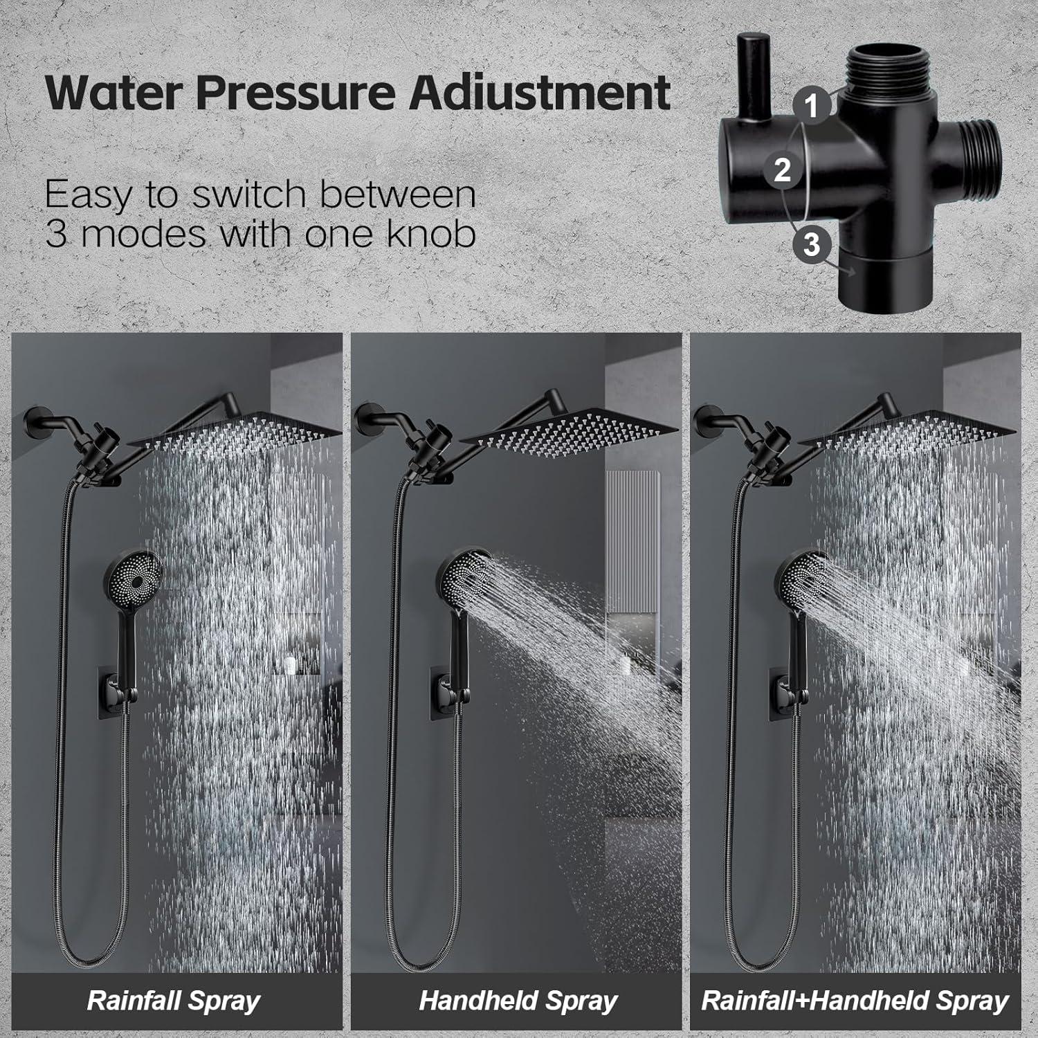 Shower Head,10”Rain Shower Head with Handheld Spray Combo with 11'' Angle Adjustable Extension Arm/Flow Regulator/Shower System,High Pressure Rainfall Shower Head Clean Bathroom,Matt Black