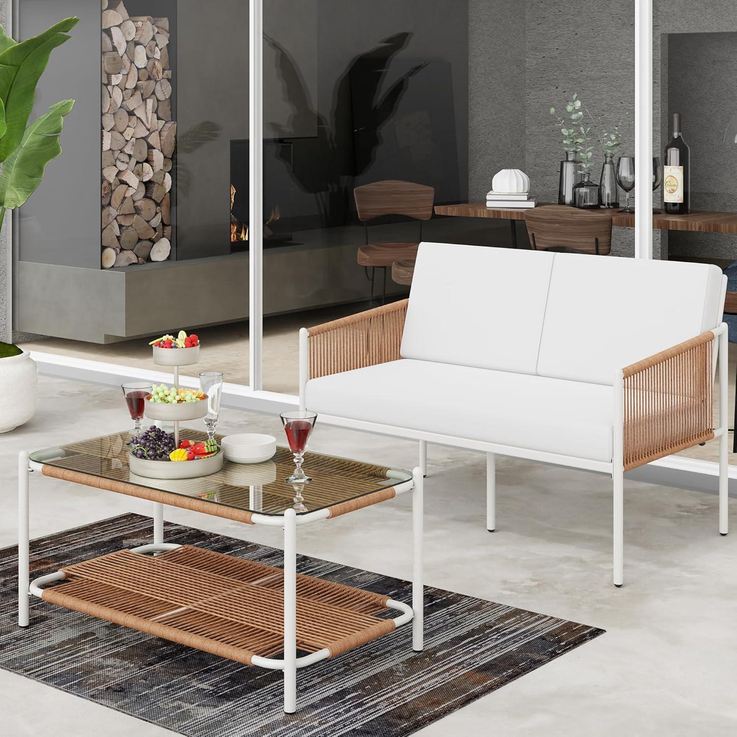 Modern White and Rattan 2-Piece Patio Furniture Set