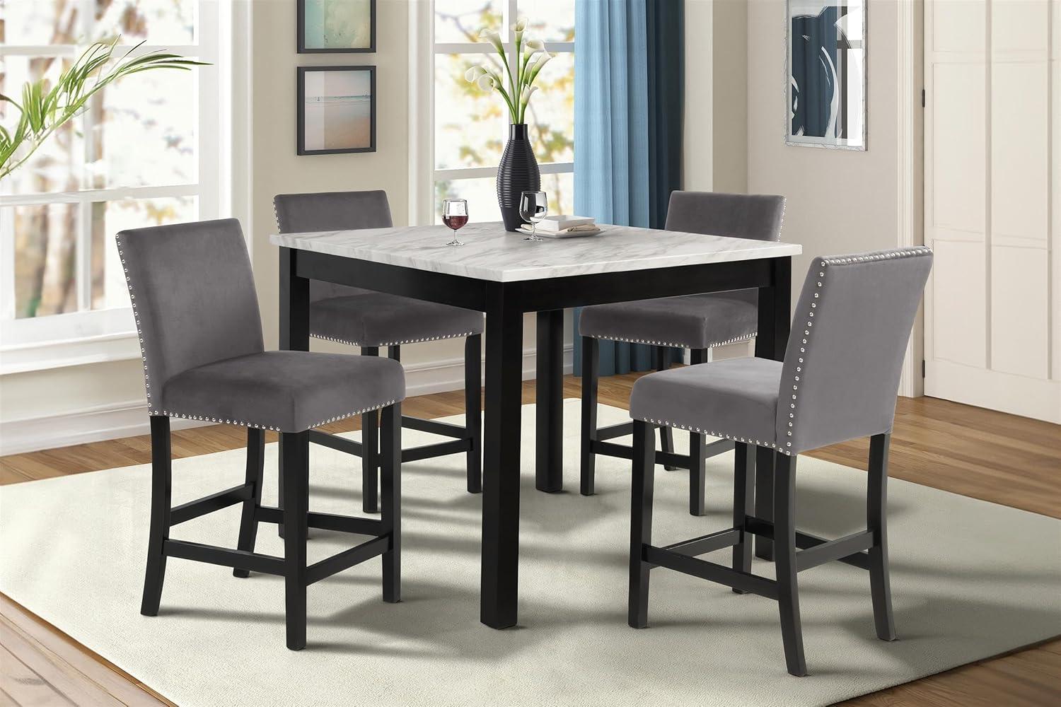 Celeste 5-Piece Gray Faux Marble Counter Dining Set with Velvet Chairs