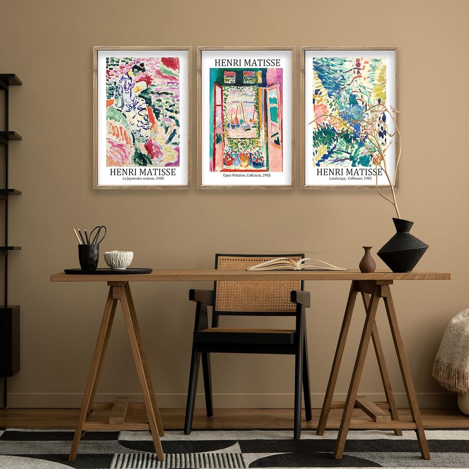 Vault W Artwork Set Of 3 16X11 Inch Large Rustic Farmhouse Aesthetic Wood Framed Matisse Sign Modern Home Bedroom Living Room Office Abstract Landscape Print Wall Hang (Wood) (Set of 3)