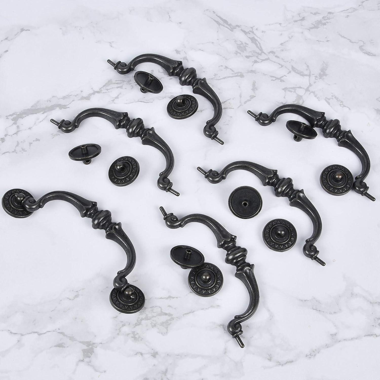 Supkiir 6 Pack Drawer Pulls Handles, 5.5" Hole Center Vintage Antique Black Kitchen Cabinet Knobs Drop Bail Pulls Handles 6.7" Total Length