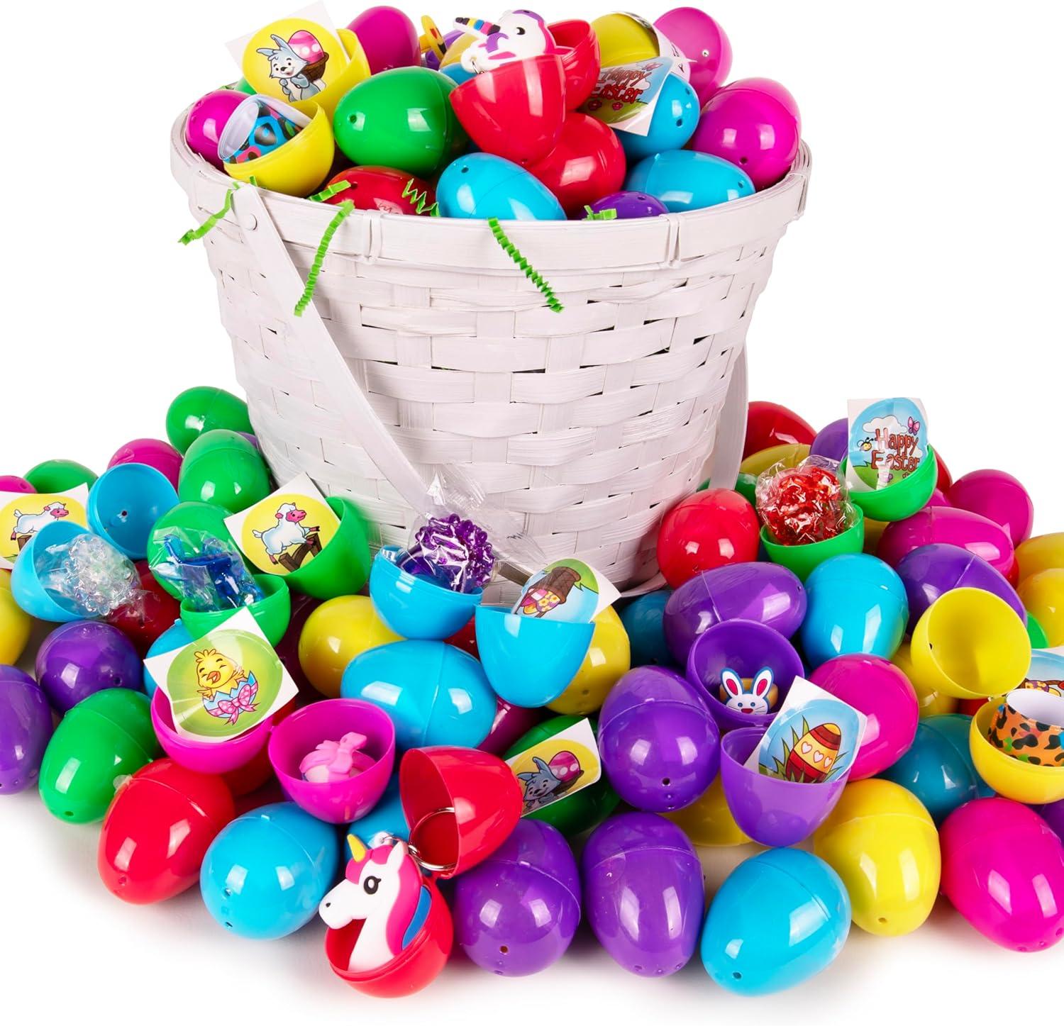 Giraffe 100 Pack Premium Prefilled Easter Eggs - Toy Filled Bulk Plastic Eggs for Kids with Slap Bracelets, Stickers, Light Up Rings - Perfect for Easter Egg Hunts - Bulk Prefilled Easter Eggs Toys!