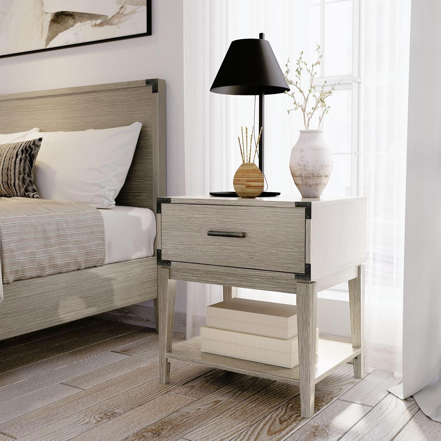 Plank+Beam Solid Wood Nightstand with 1 Drawer, Contemporary Side Table for Bedroom, Seashell Wirebrush